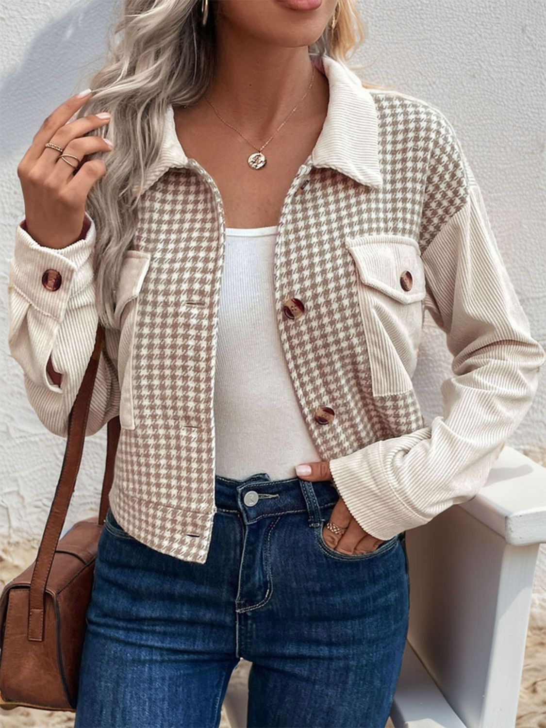 Minnie Pocketed Houndstooth Long Sleeve Jacket