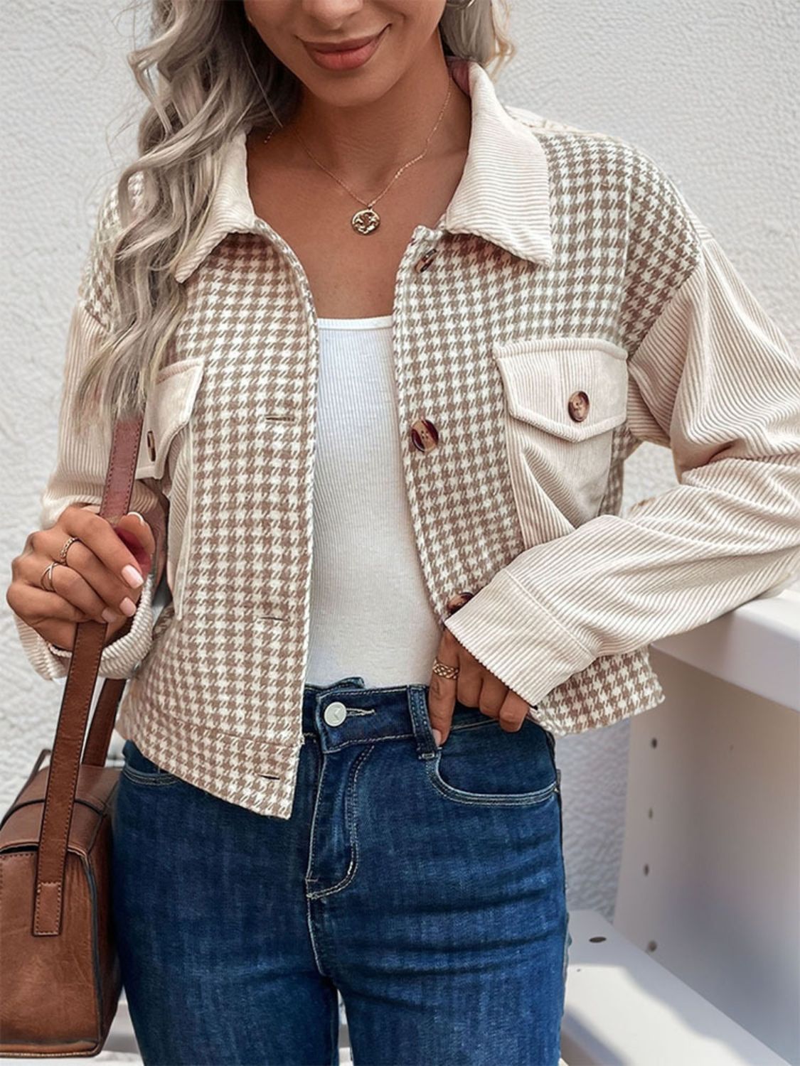 Minnie Pocketed Houndstooth Long Sleeve Jacket