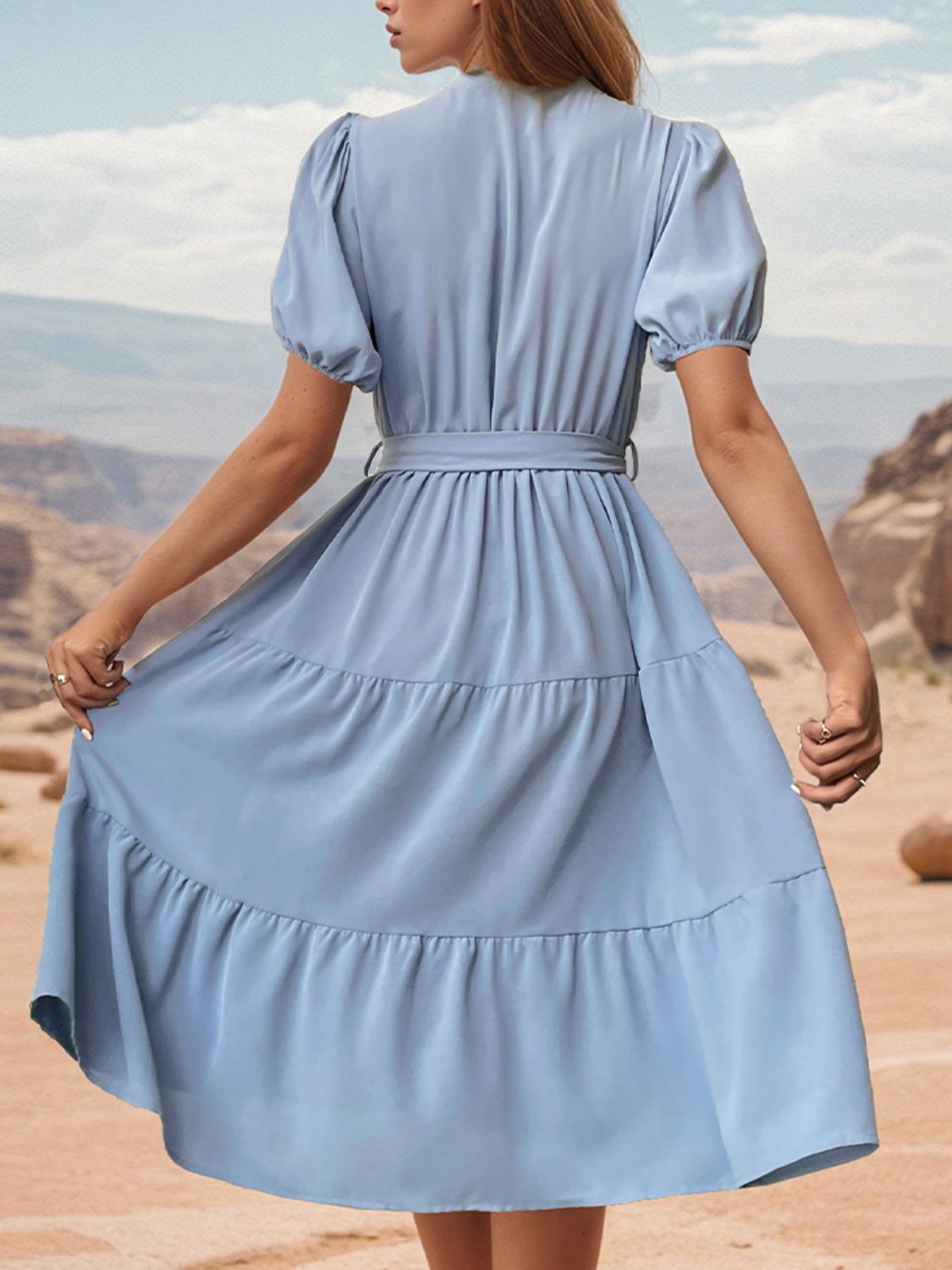 Loretta Tie Waist Puff Sleeve Midi Dress