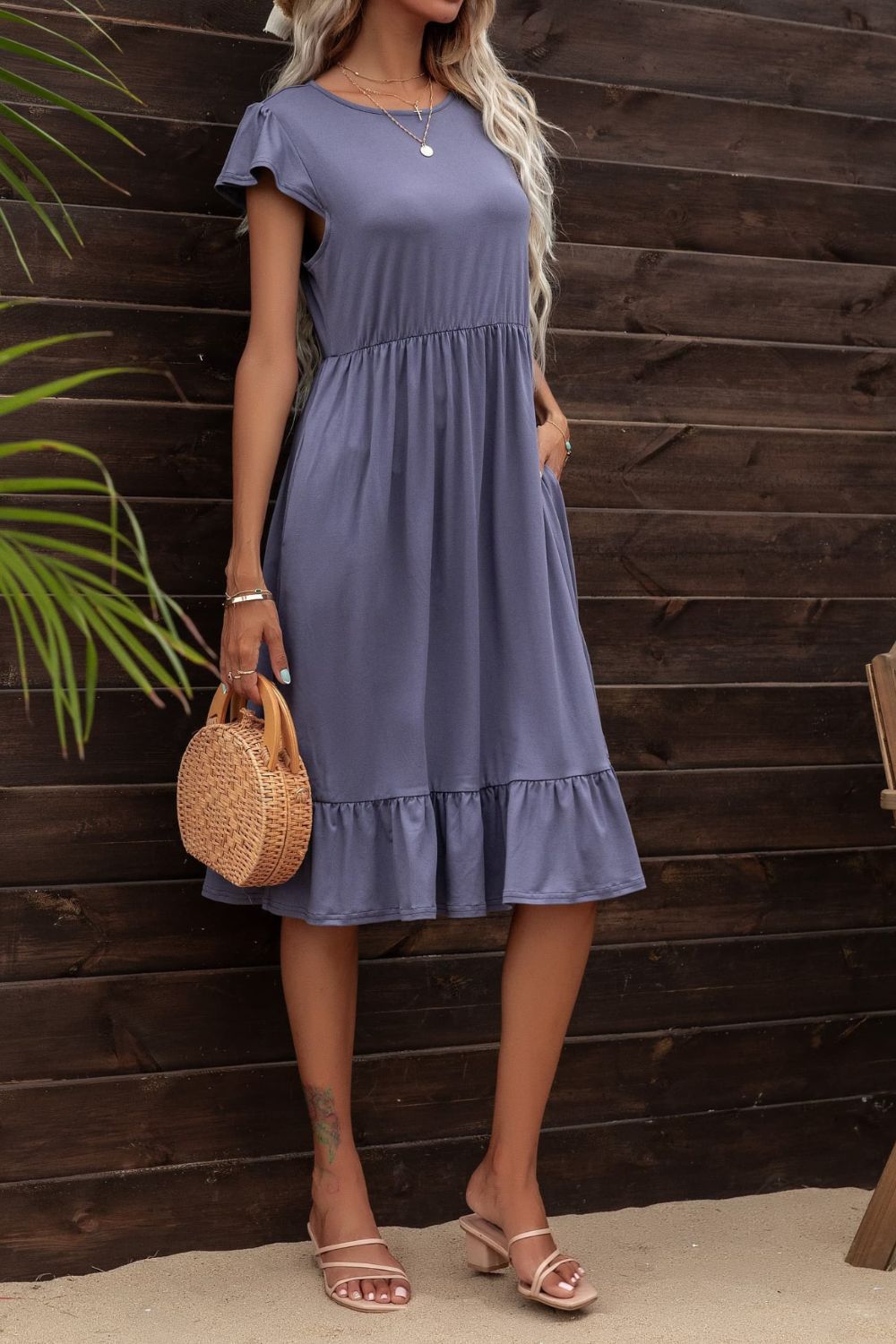 Ivy Round Neck Ruffle Hem Pocket Dress