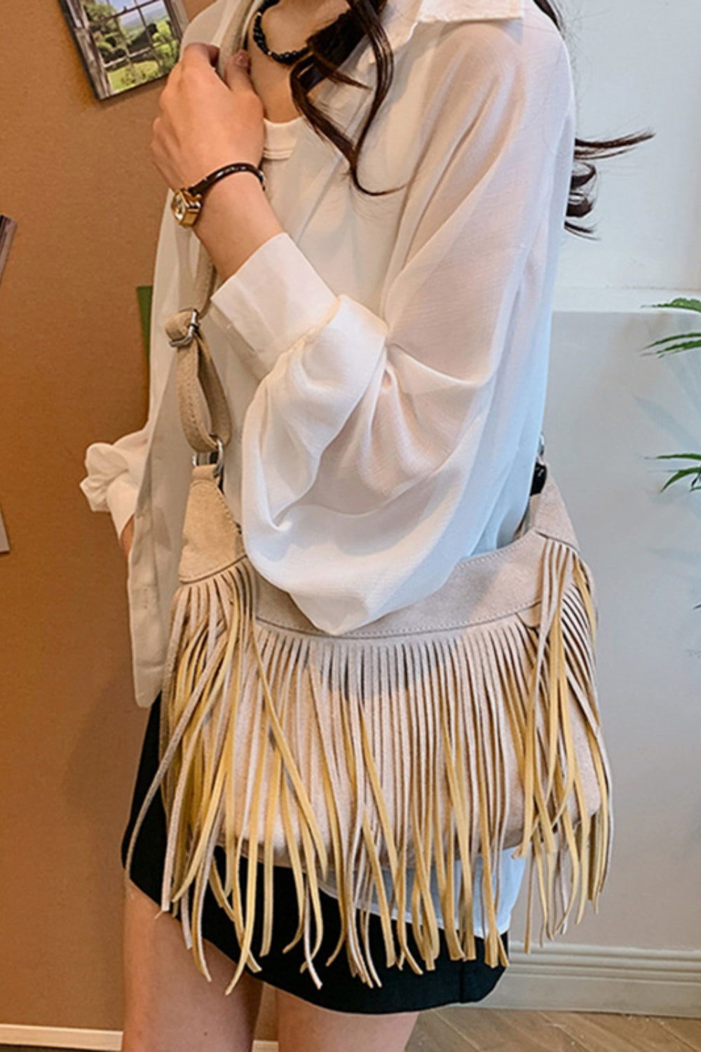 Jenny Suede Fringe Adjustable Strap Shoulder Bag