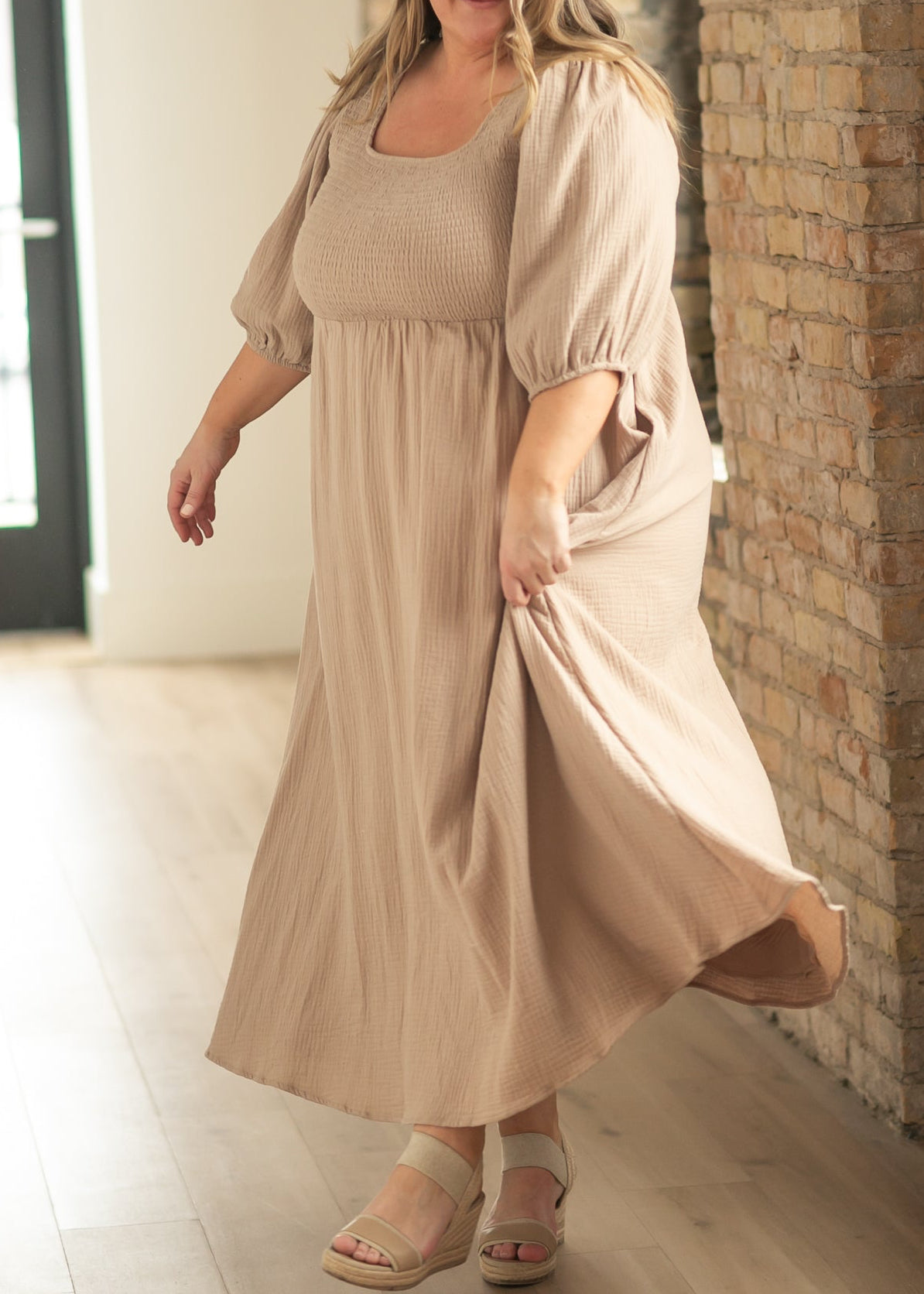 Kayleen Tan Smocked Bodice Gauze Dress