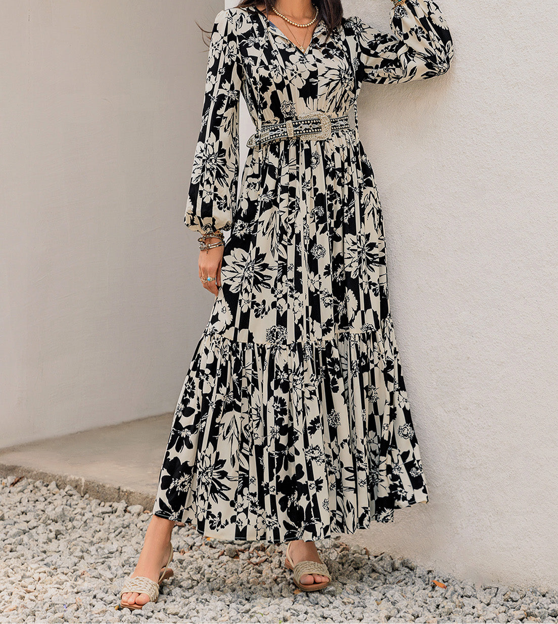 Clara Smocked Printed Tie Neck Long Sleeve Dress