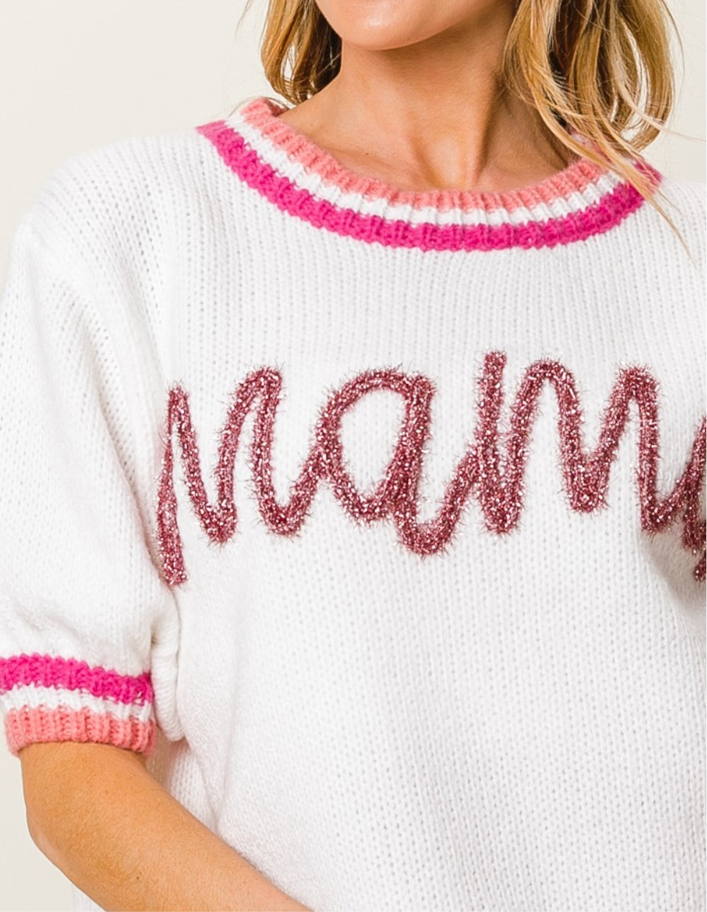 MAMA Contrast Trim Short Sleeve Sweater