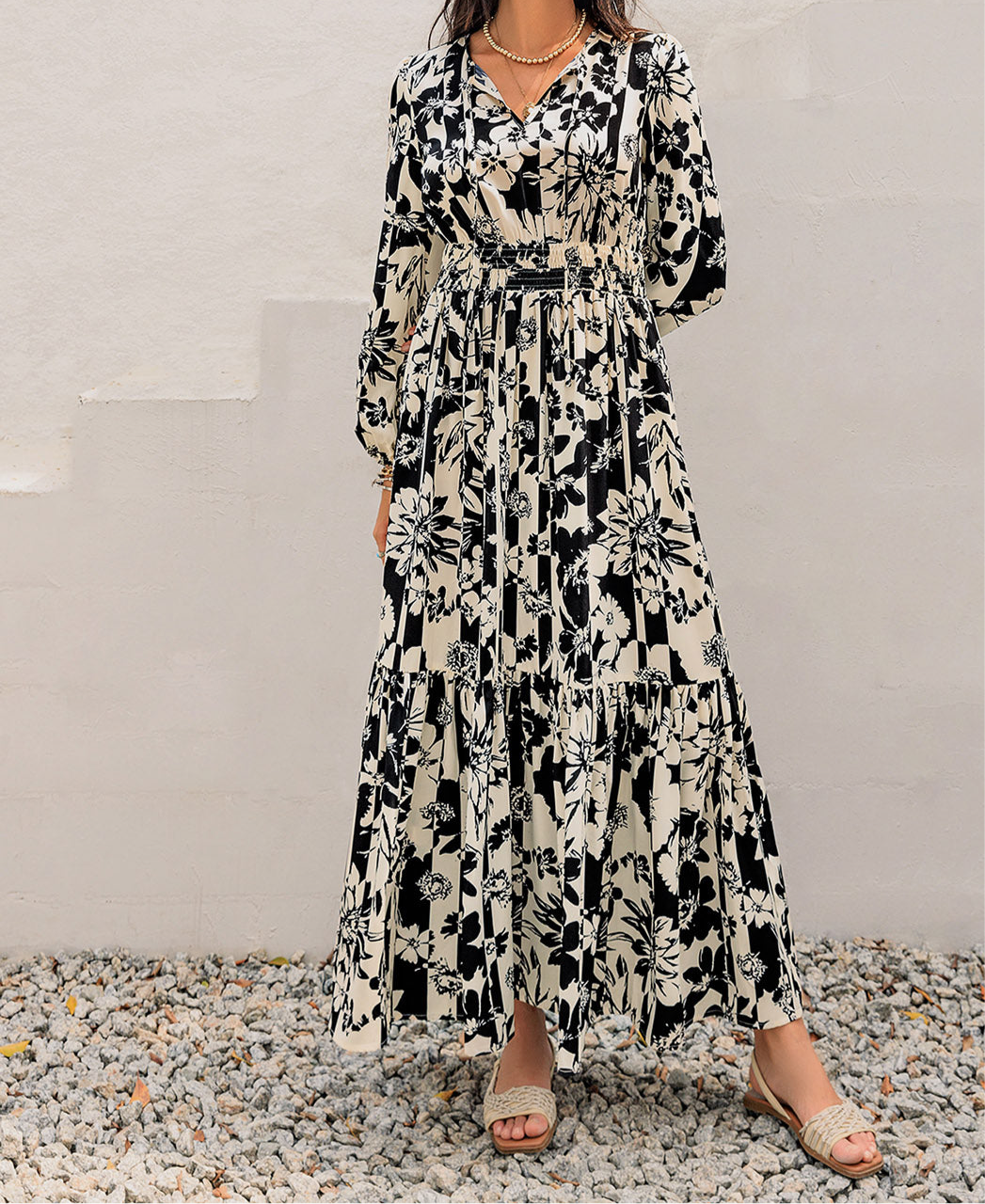 Clara Smocked Printed Tie Neck Long Sleeve Dress