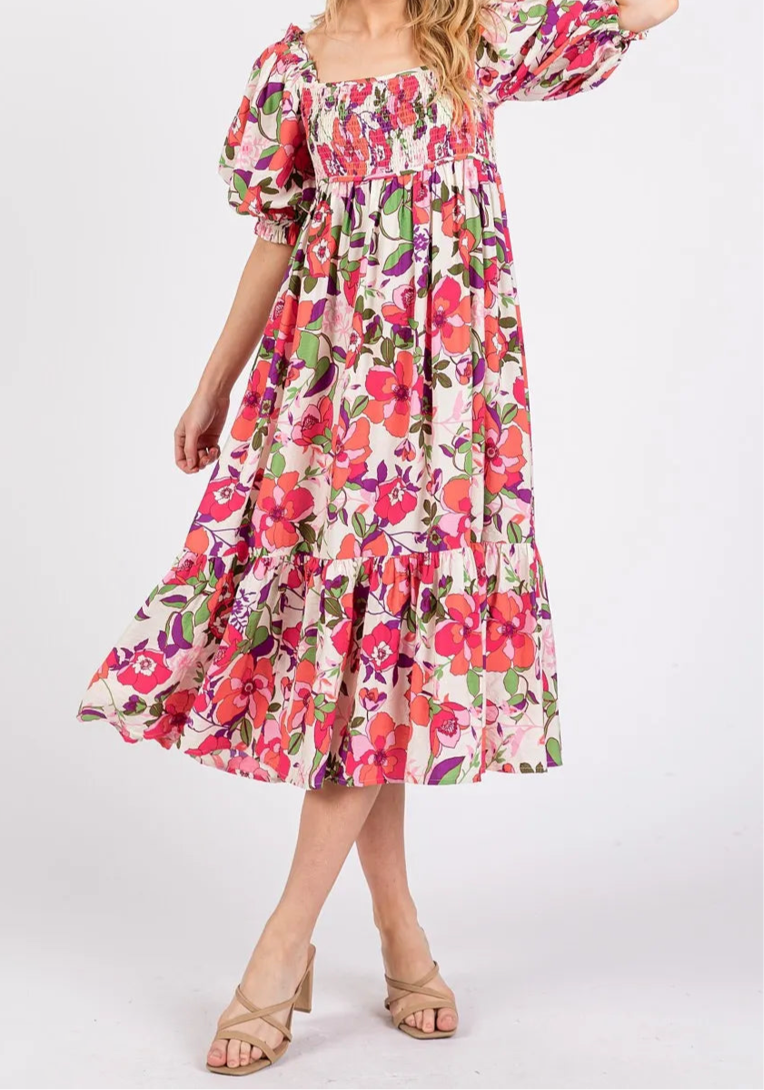 Ellie Flower Print Puff Sleeve Ruffle Smocked Midi Dress