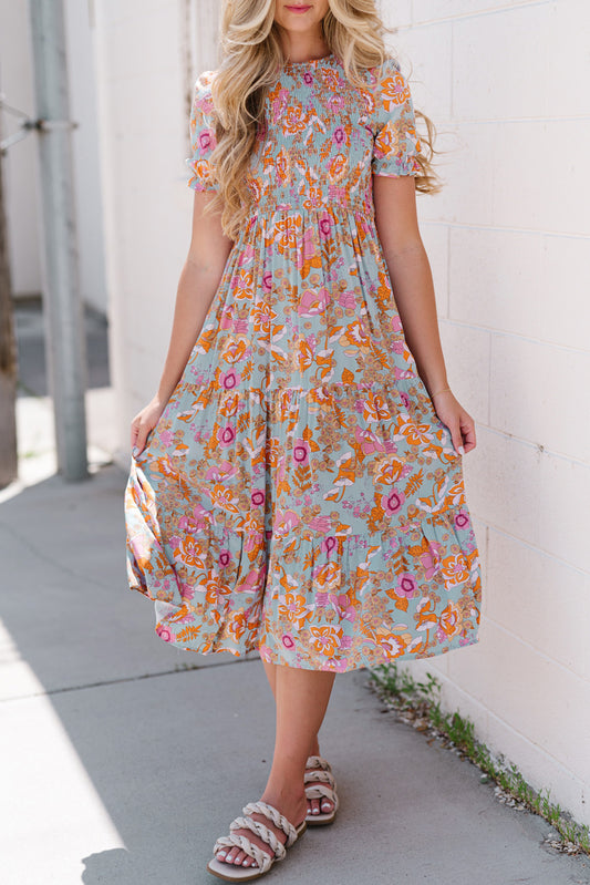 Floral Flounce Sleeve Midi Dress