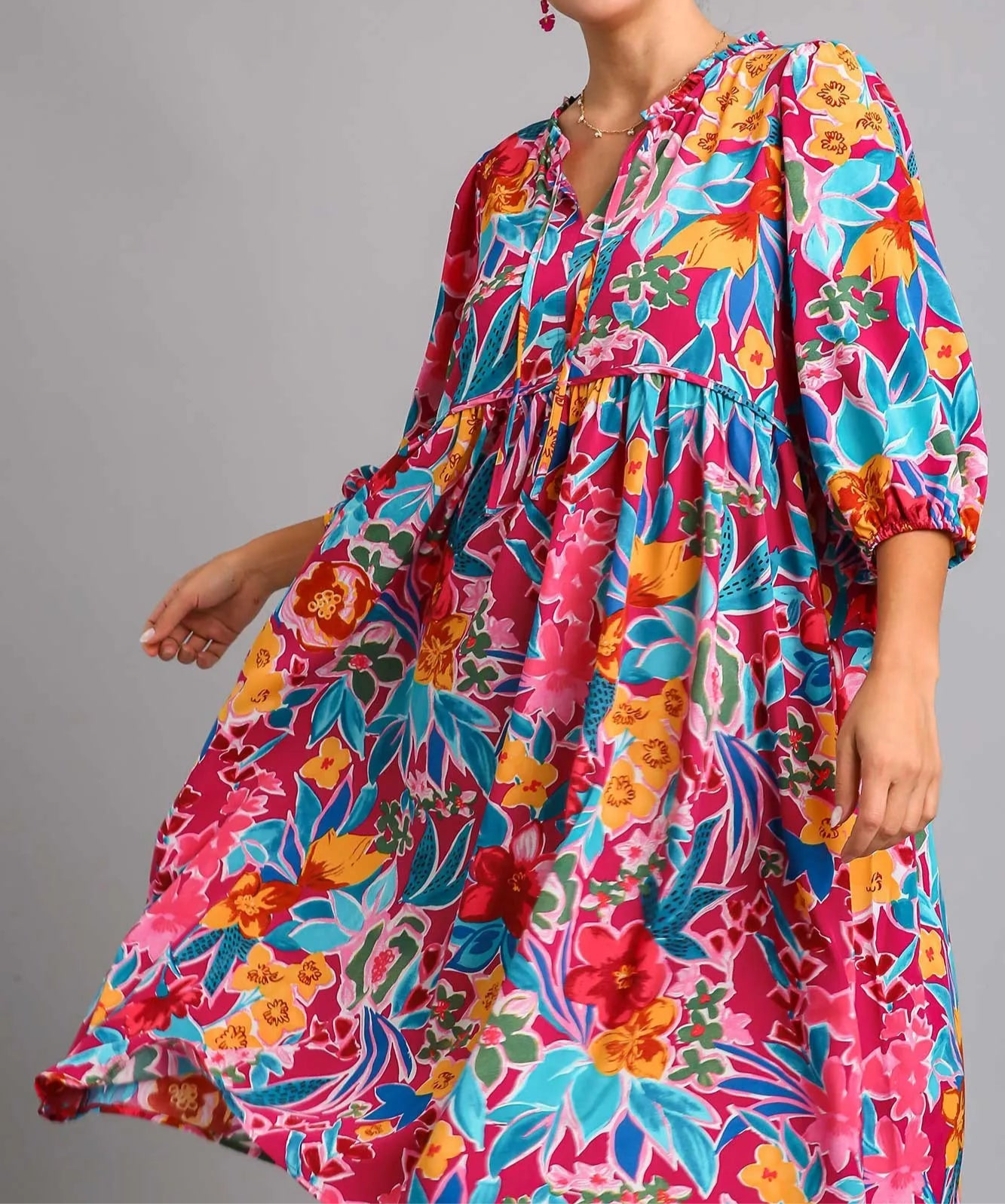 Flora Full Size Floral Print Tie Neck Midi Dress with Pockets Plus Size