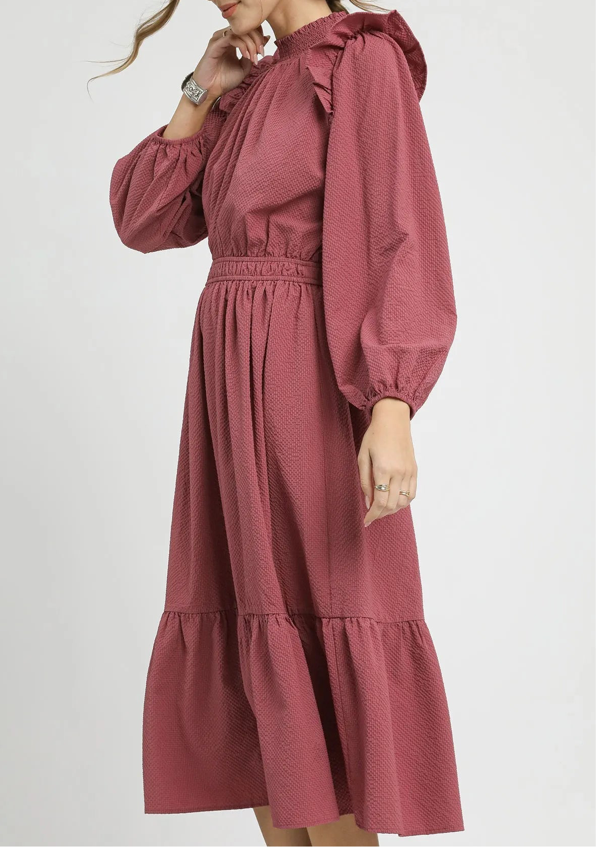 Audra Textured Midi Dress with Ruffle Shoulder Detail