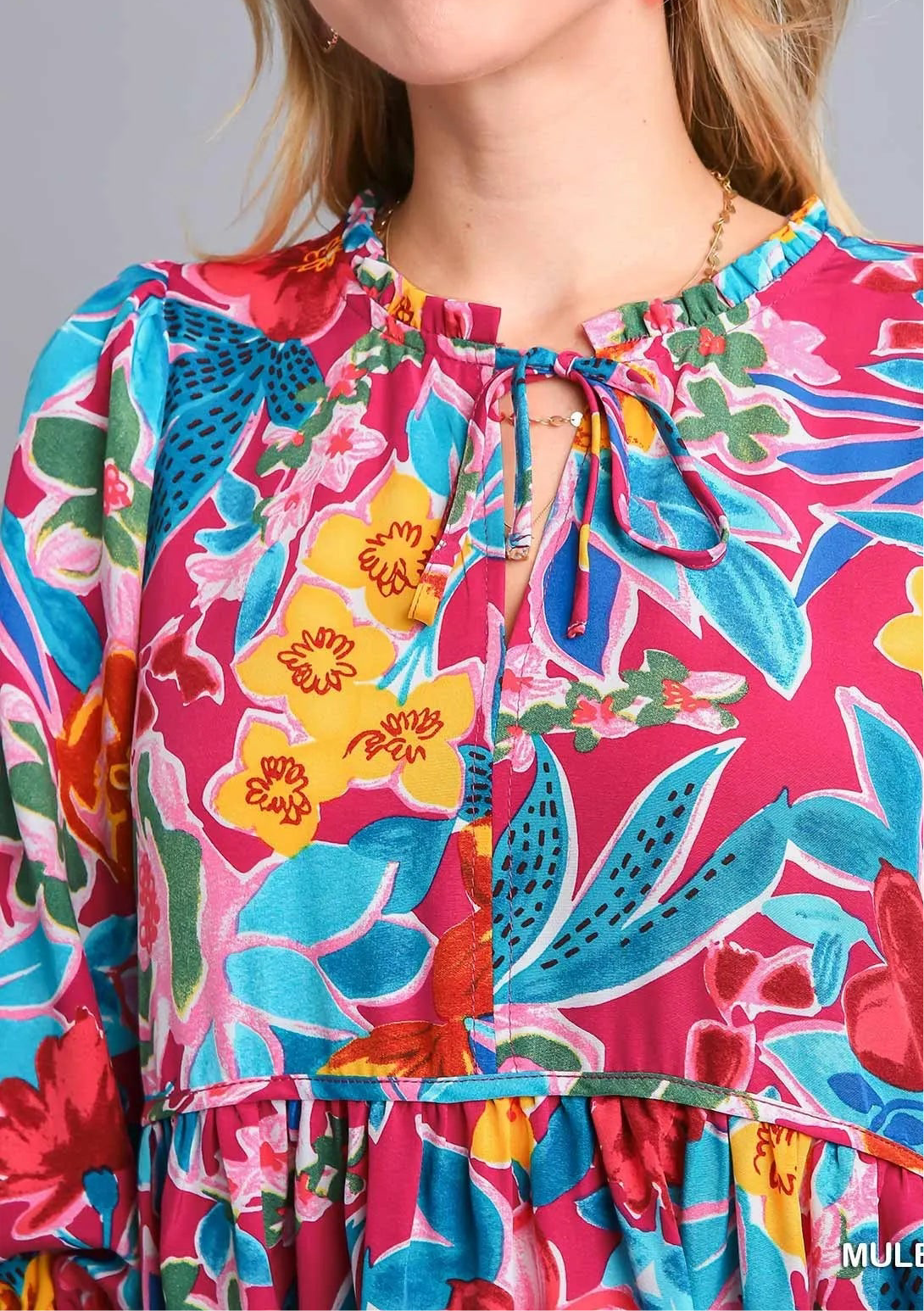 Flora Full Size Floral Print Tie Neck Midi Dress with Pockets Plus Size