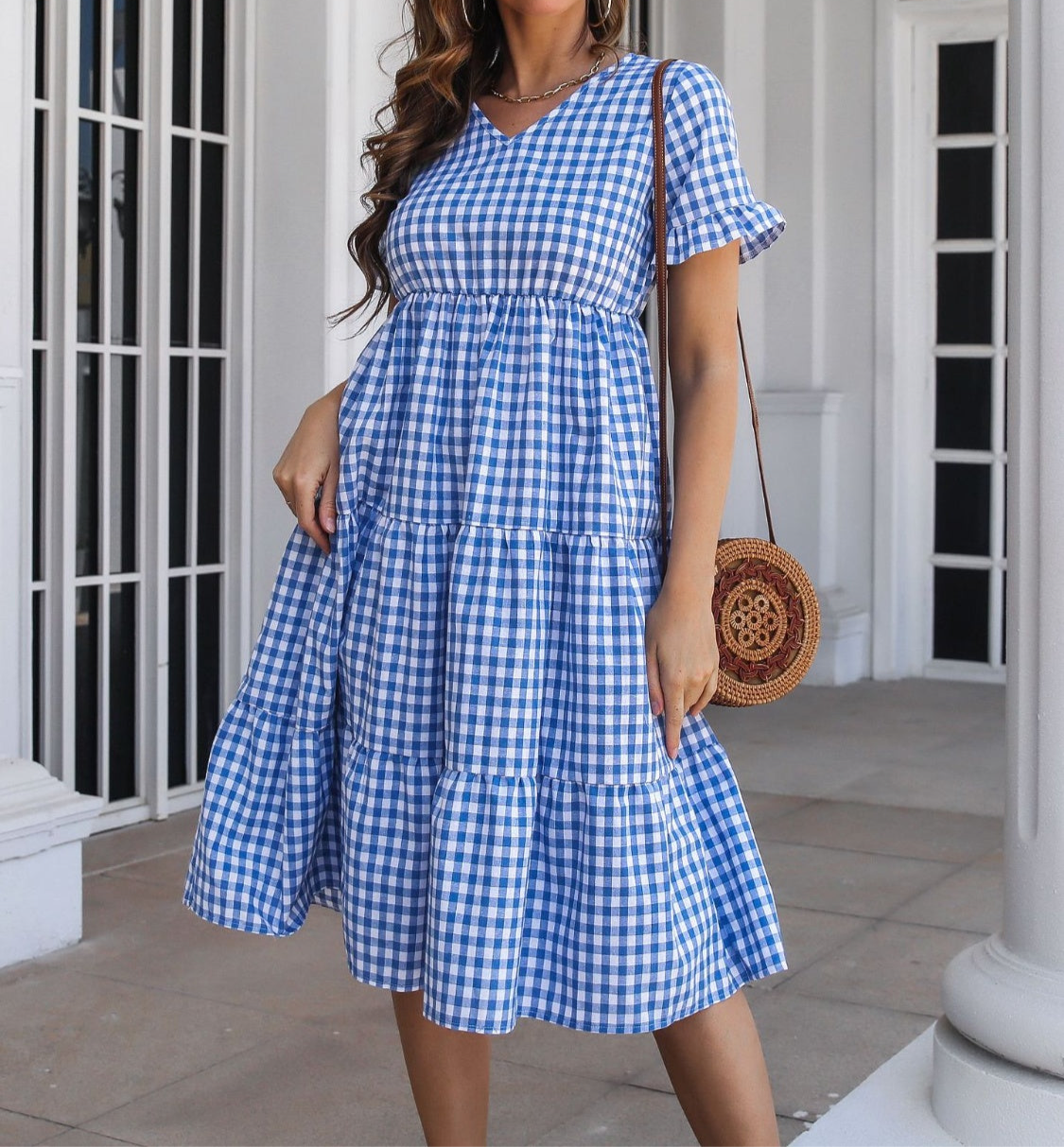 Elizabeth Plaid V-Neck Short Sleeve Midi Dress