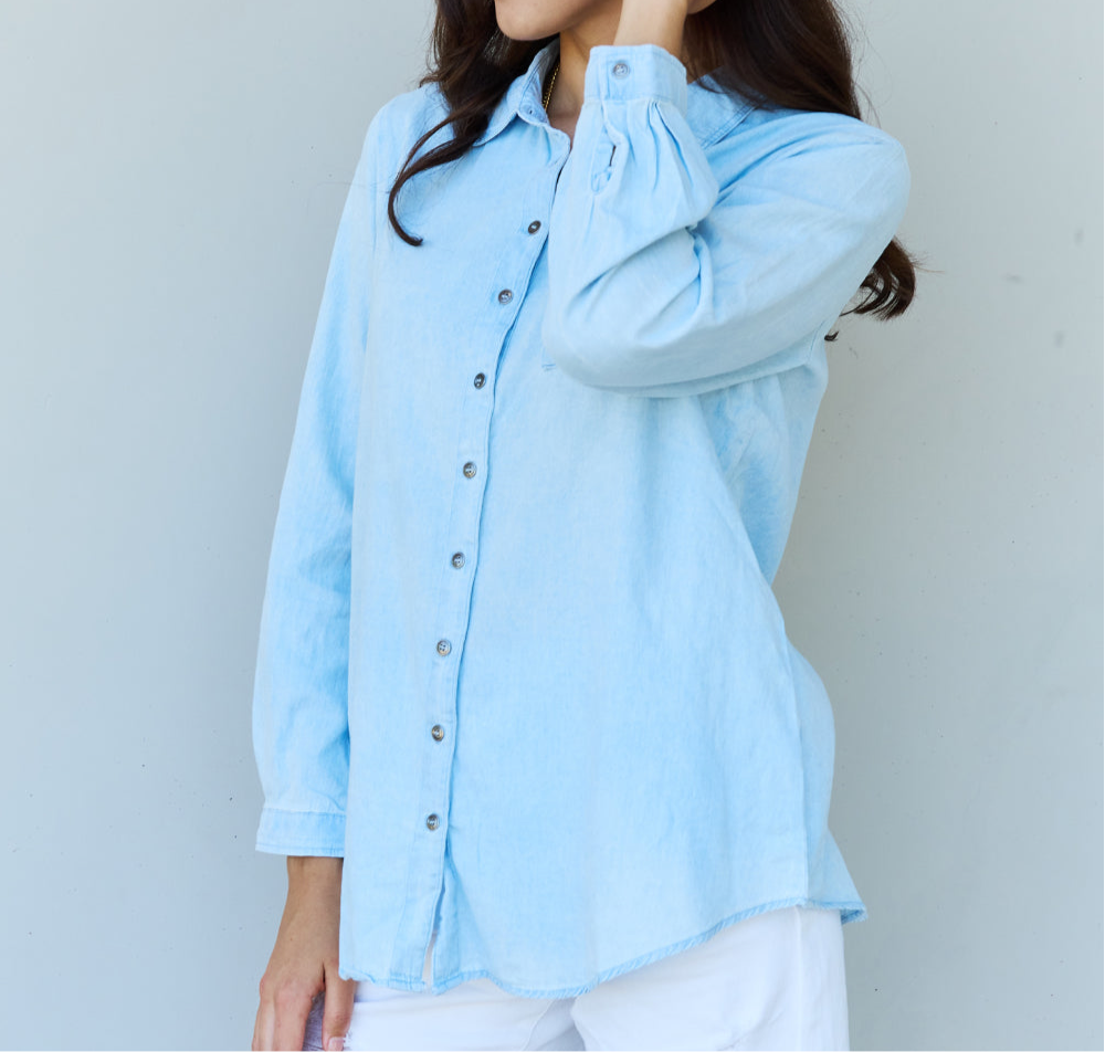 Blue Jean Baby Denim Button Down Shirt Top in Light Blue