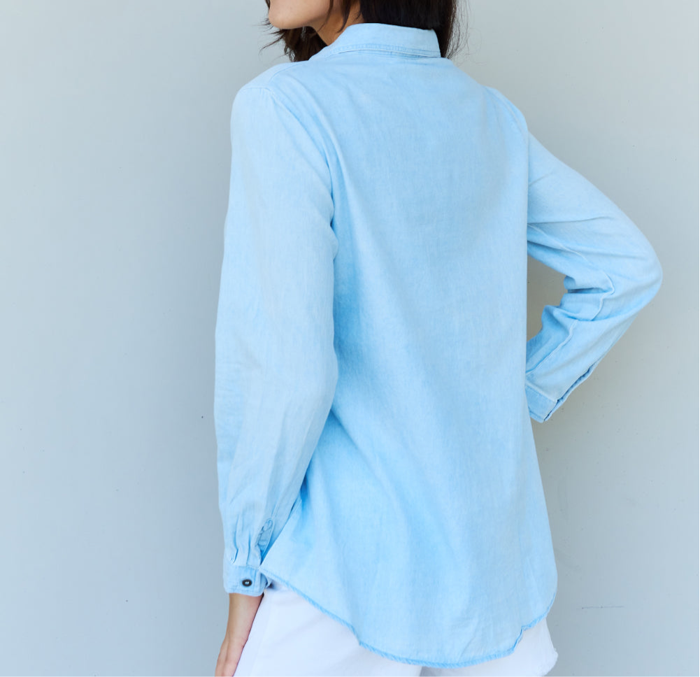 Blue Jean Baby Denim Button Down Shirt Top in Light Blue