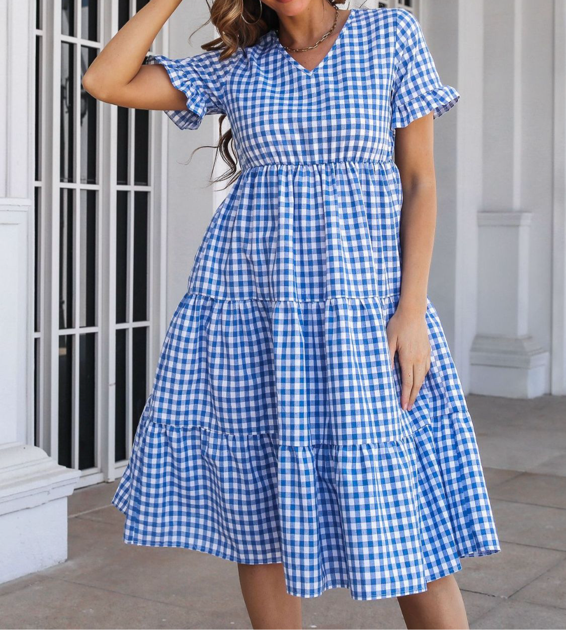 Elizabeth Plaid V-Neck Short Sleeve Midi Dress
