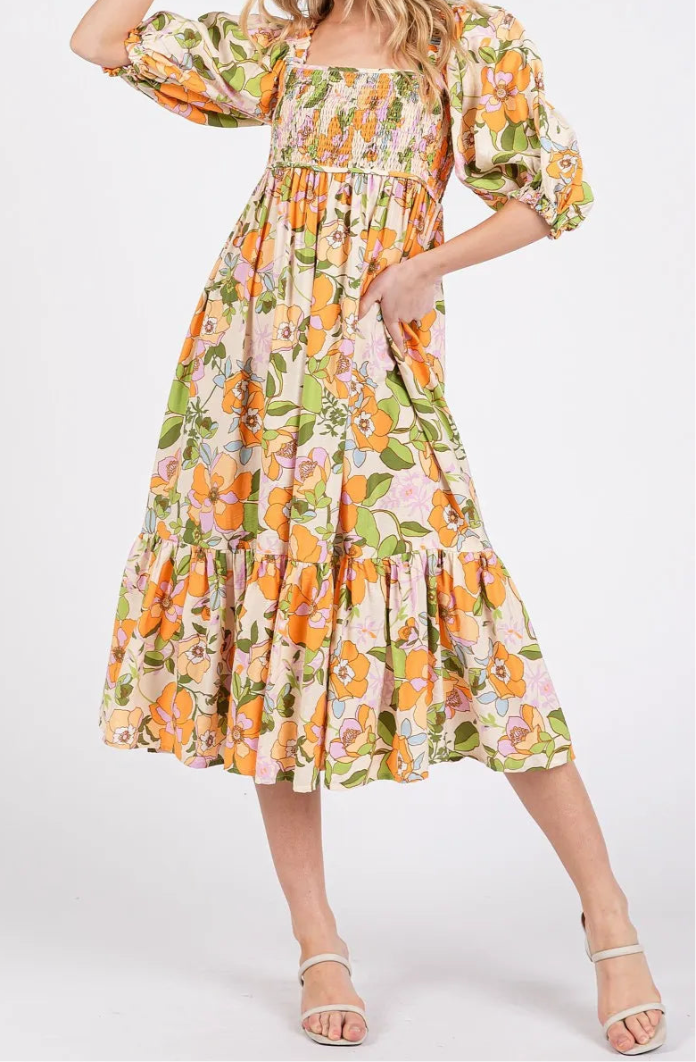 Edna Flower Print Puff Sleeve Ruffle Smocked Midi Dress