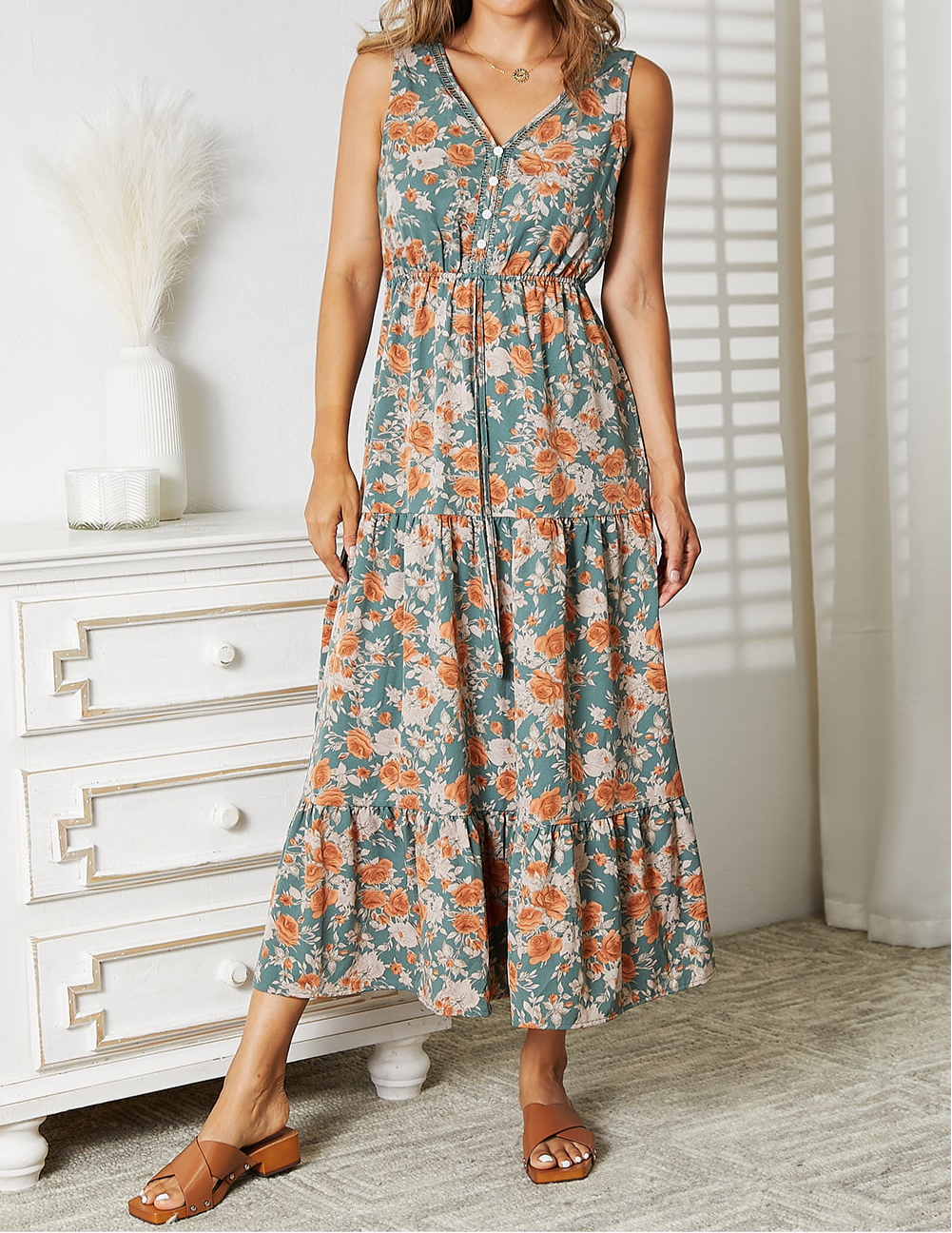 Floral V-Neck Tiered Sleeveless Dress