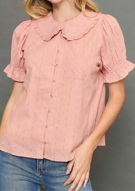 Opal Peter Pan Collared Button Down Textured Shirt with Ruffled Detail