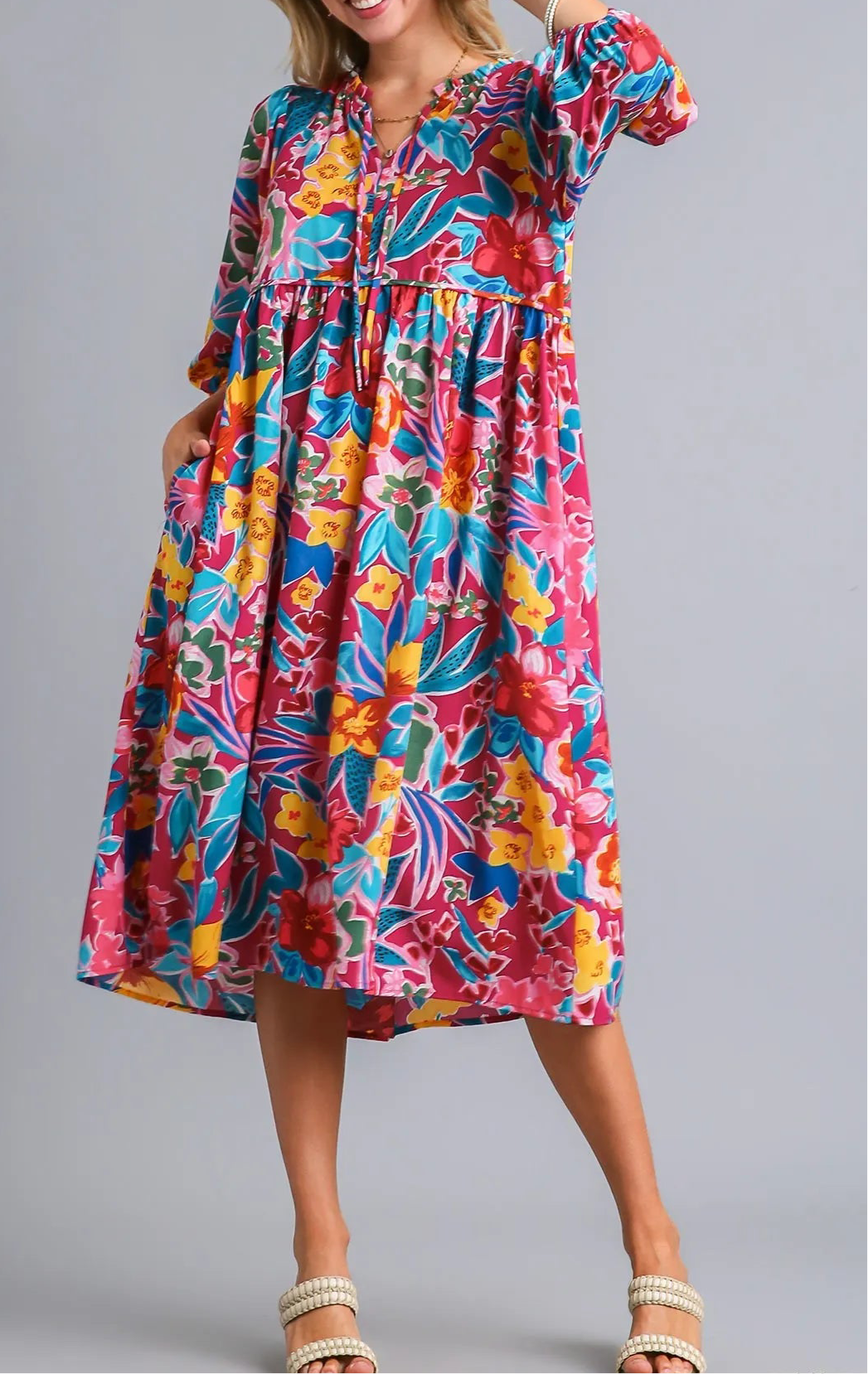 Flora Full Size Floral Print Tie Neck Midi Dress with Pockets Plus Size