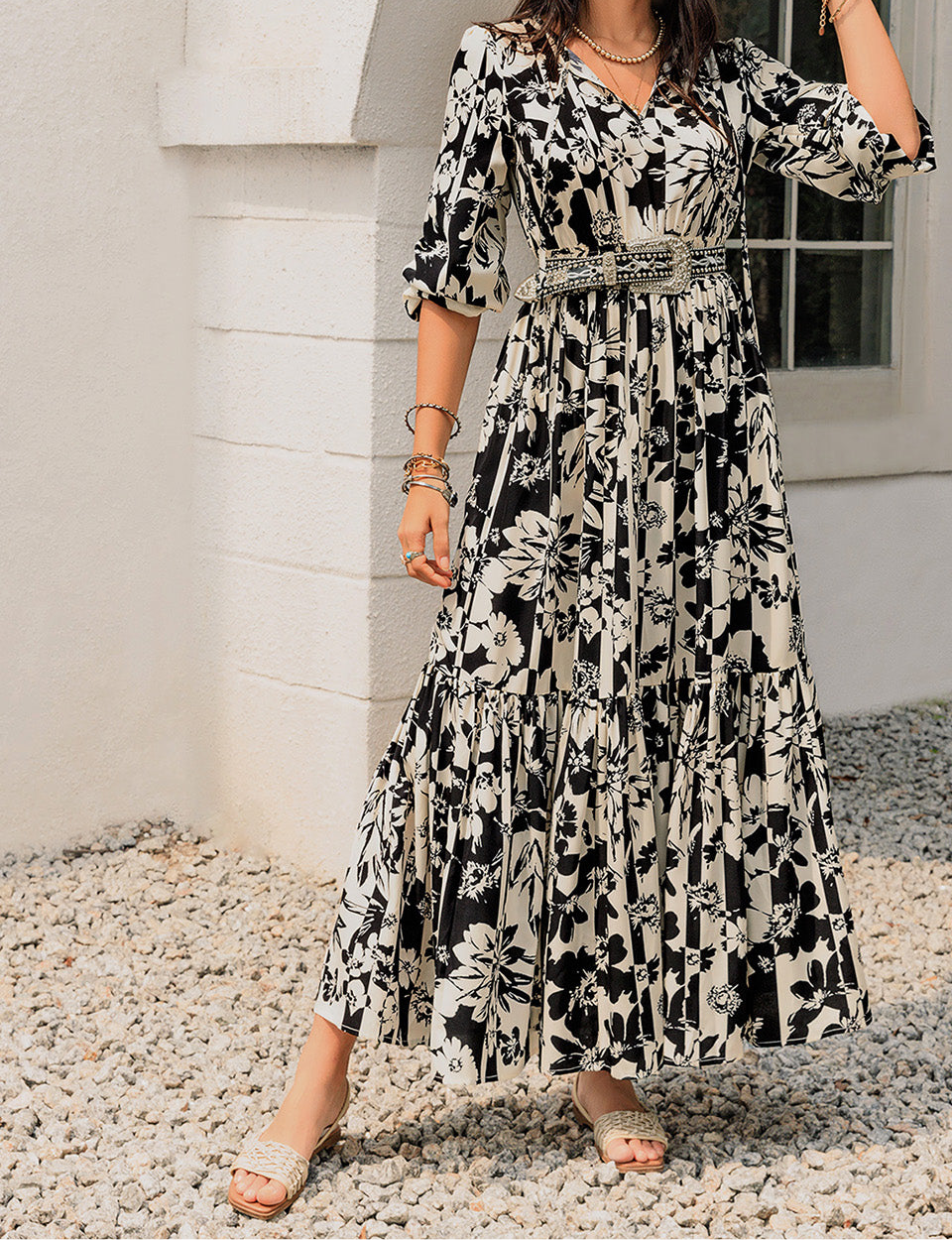 Clara Smocked Printed Tie Neck Long Sleeve Dress