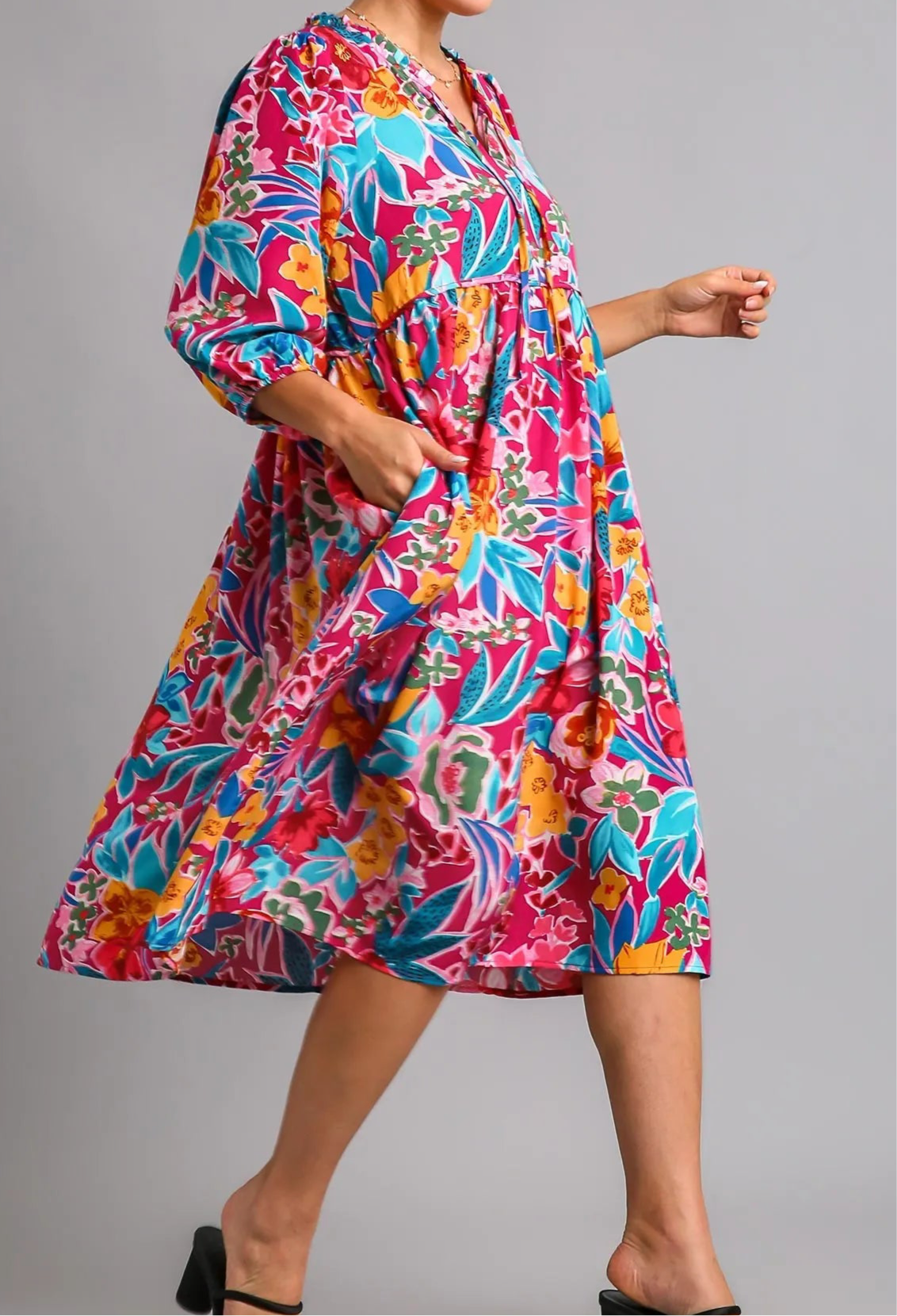 Flora Full Size Floral Print Tie Neck Midi Dress with Pockets Plus Size