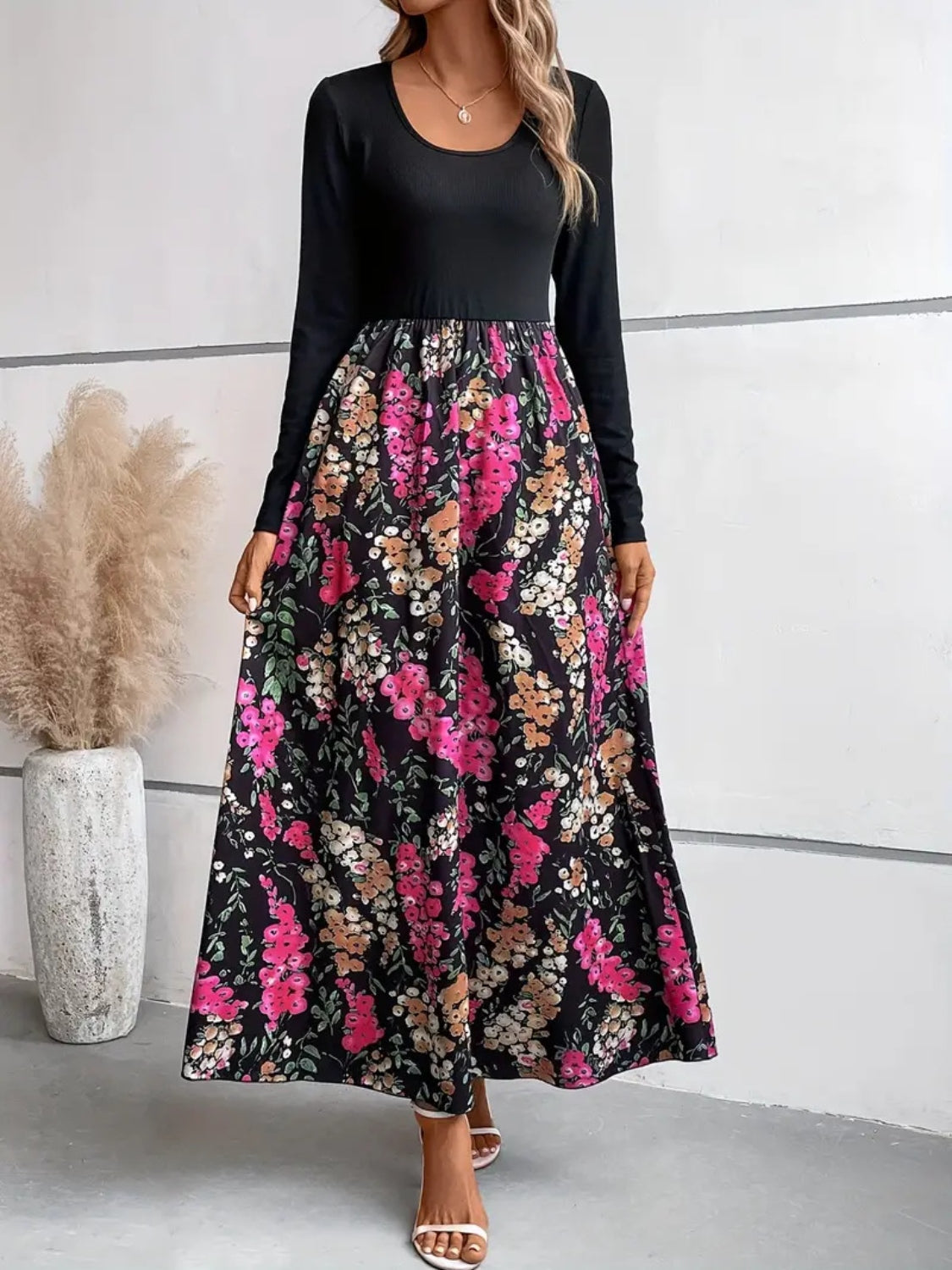 Floral Round Neck Long Sleeve Maxi Dress