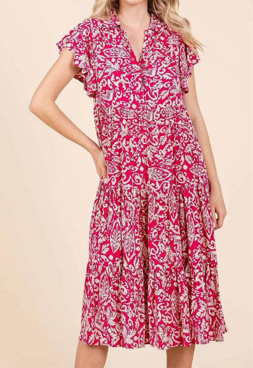 printed ruffle bib midi dress Printed V-Neck Ruffle Sleeve Midi Dress