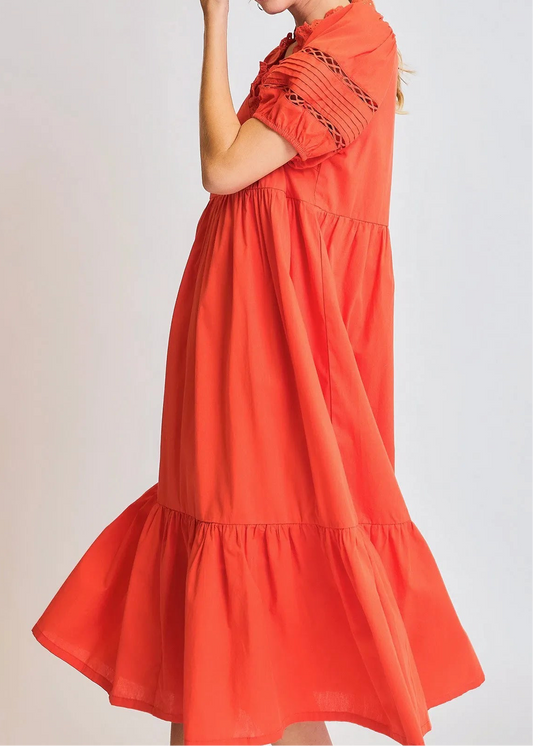 Georgia Short Sleeve Lace-Trim Ruffled Midi Dress