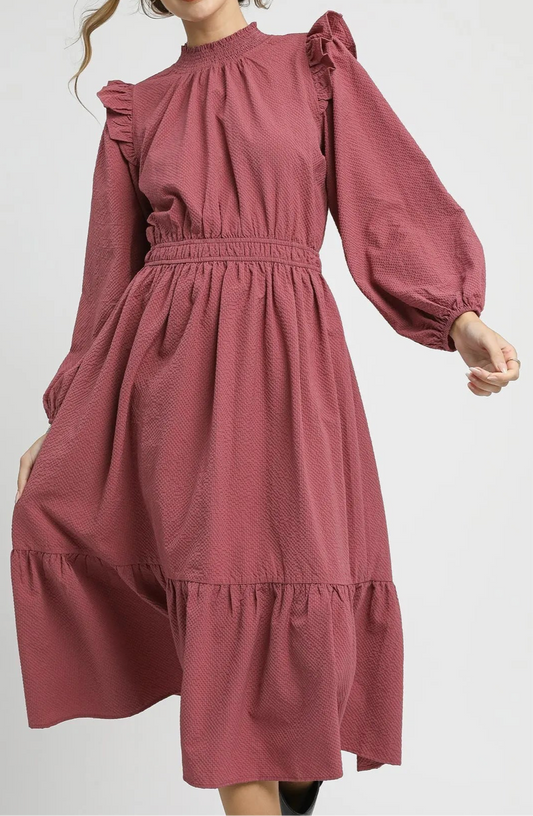 Audra Textured Midi Dress with Ruffle Shoulder Detail