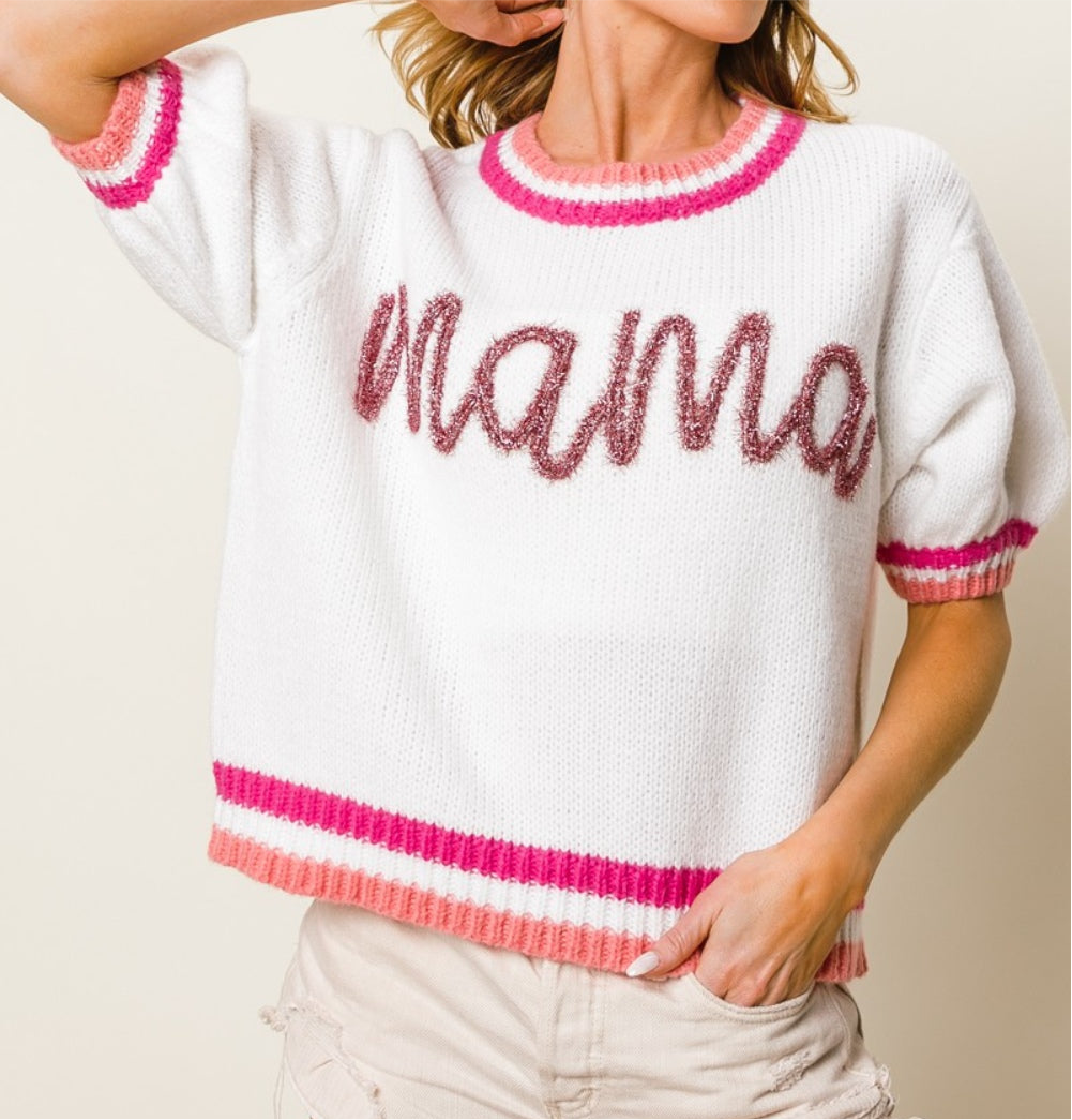 MAMA Contrast Trim Short Sleeve Sweater