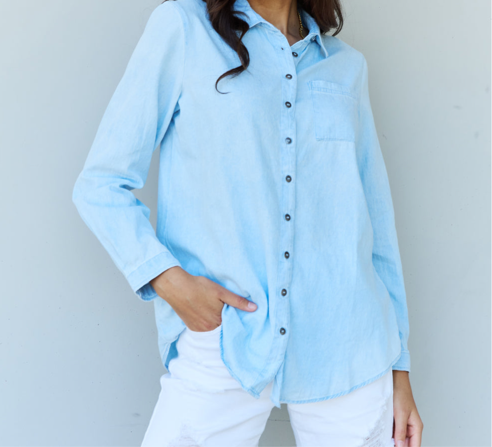 Blue Jean Baby Denim Button Down Shirt Top in Light Blue