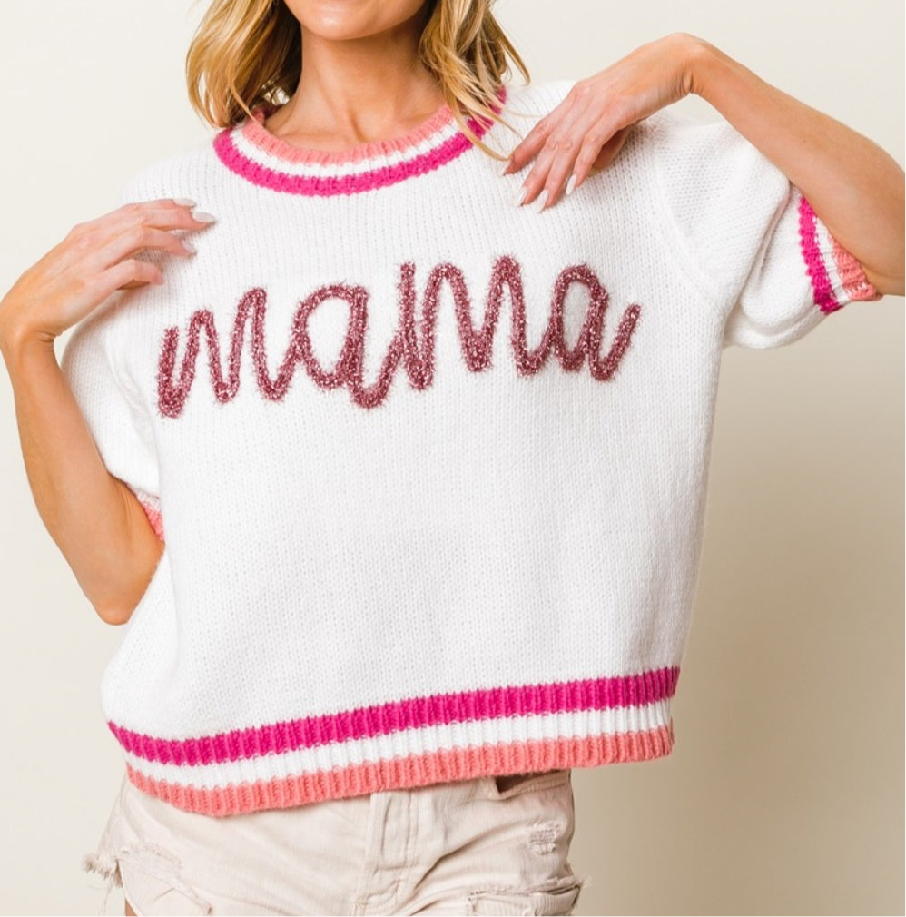 MAMA Contrast Trim Short Sleeve Sweater