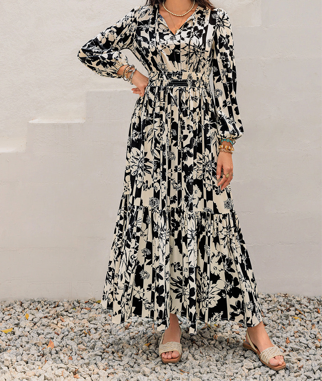 Clara Smocked Printed Tie Neck Long Sleeve Dress