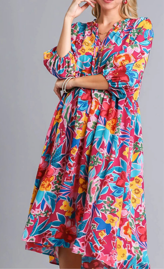 Flora Full Size Floral Print Tie Neck Midi Dress with Pockets Plus Size