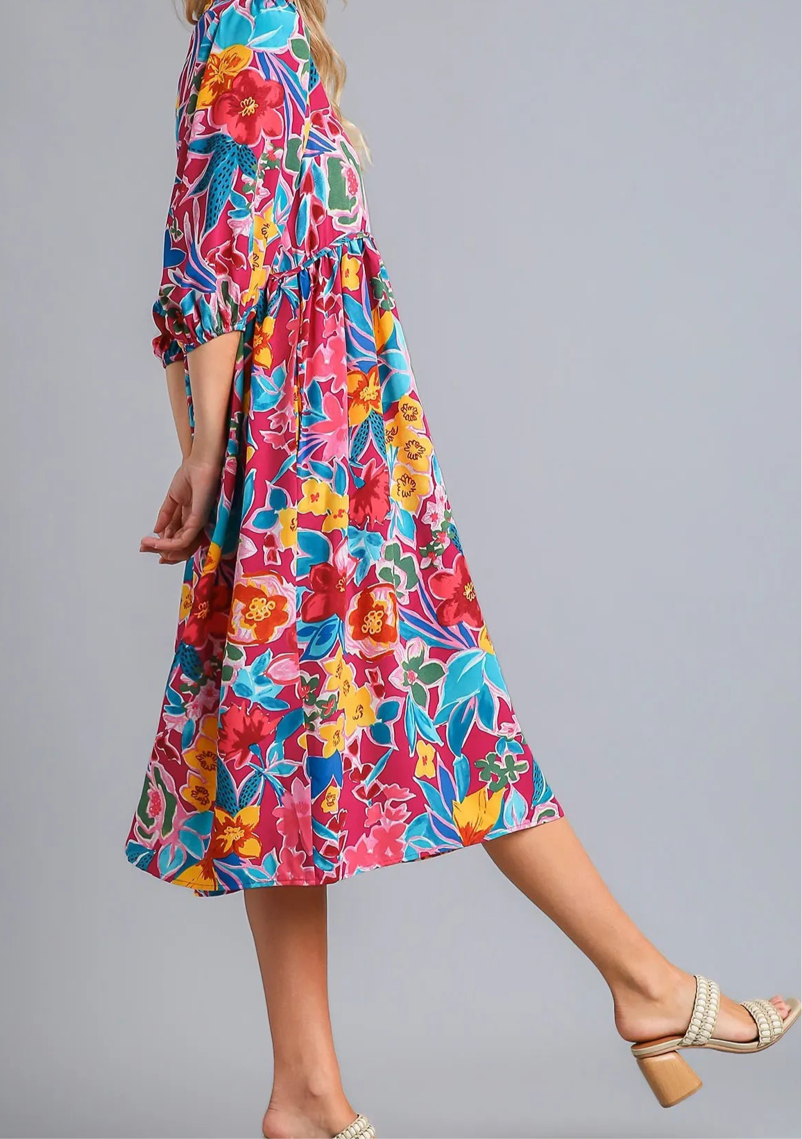 Flora Full Size Floral Print Tie Neck Midi Dress with Pockets Plus Size