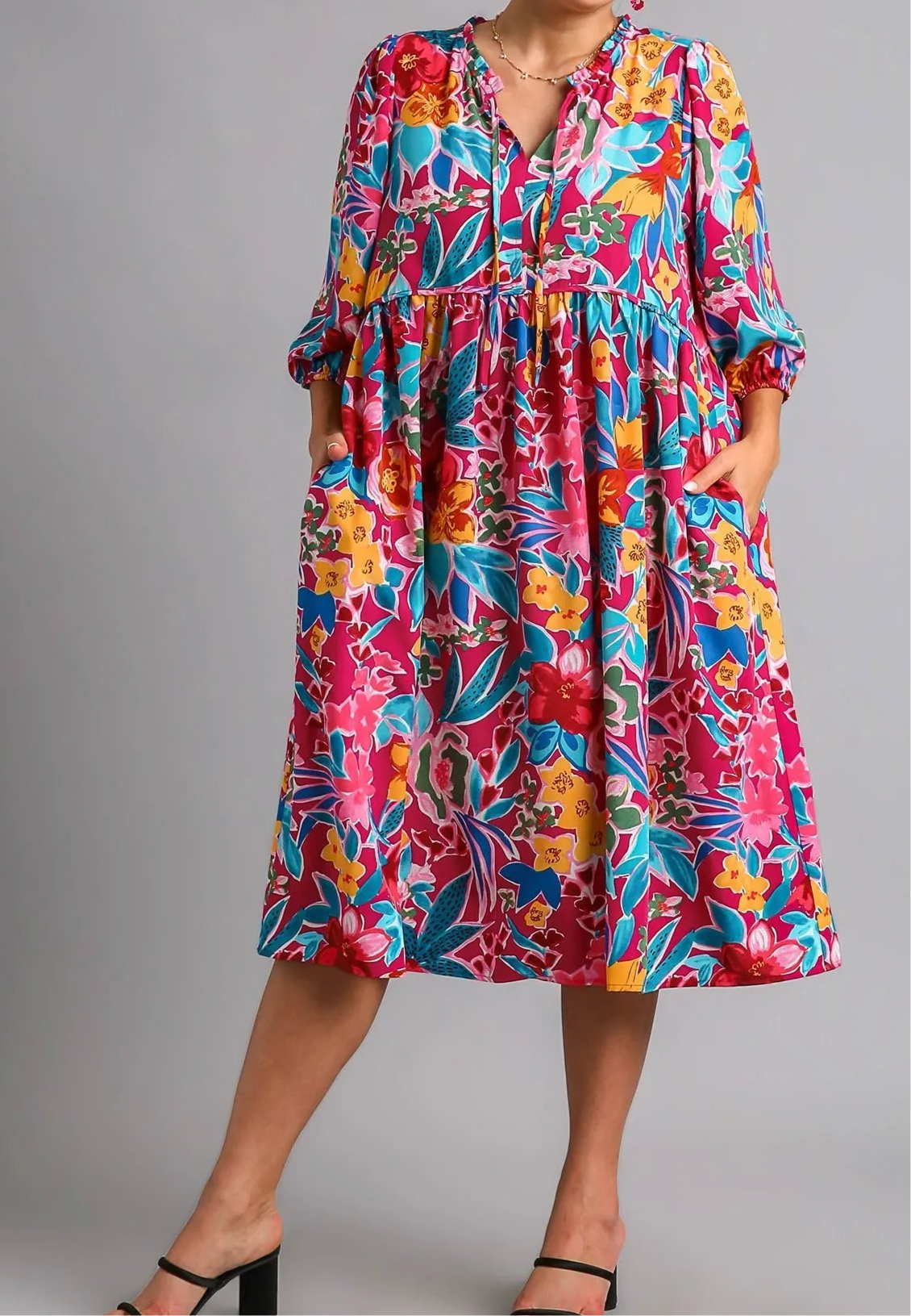 Flora Full Size Floral Print Tie Neck Midi Dress with Pockets Plus Size