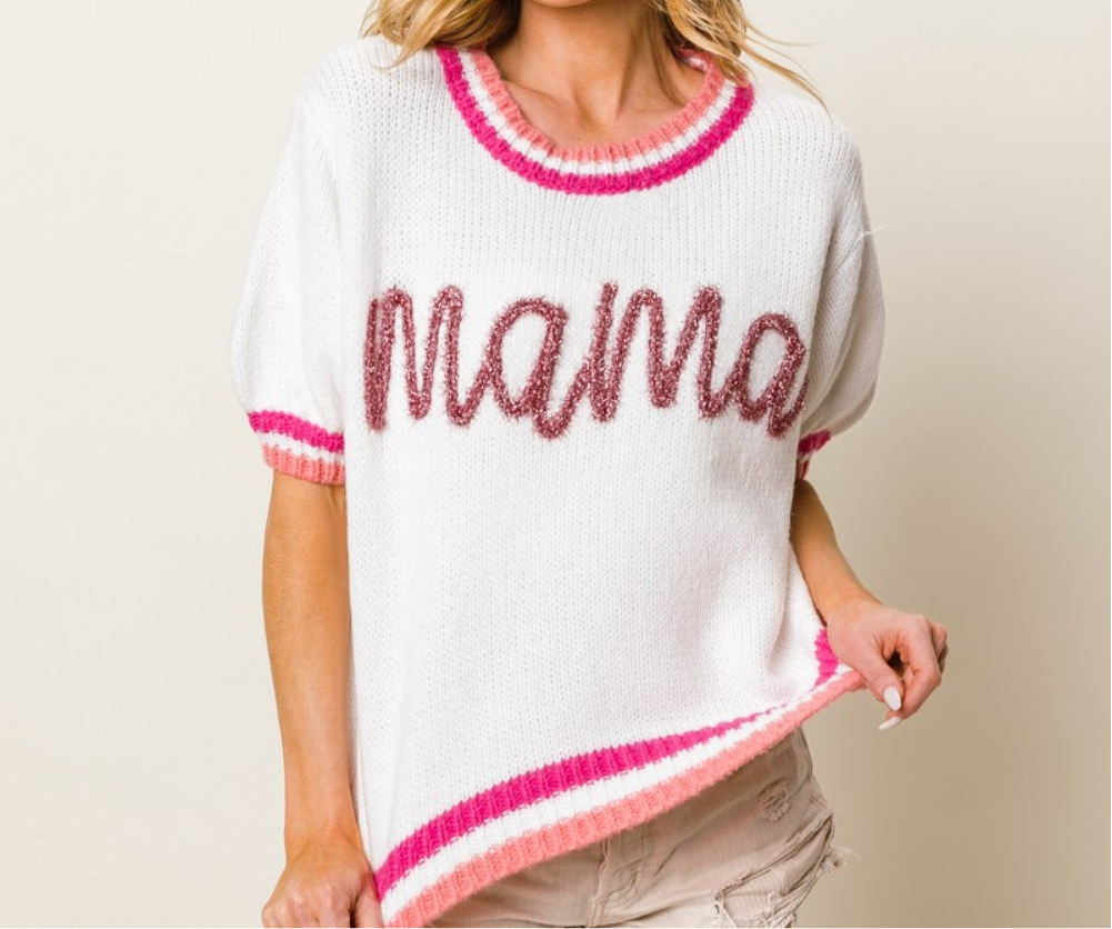 MAMA Contrast Trim Short Sleeve Sweater