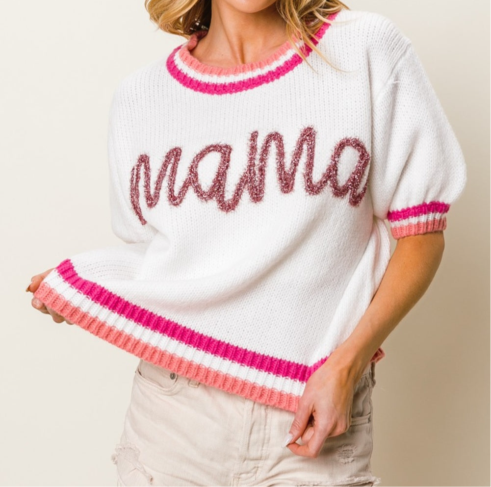 MAMA Contrast Trim Short Sleeve Sweater