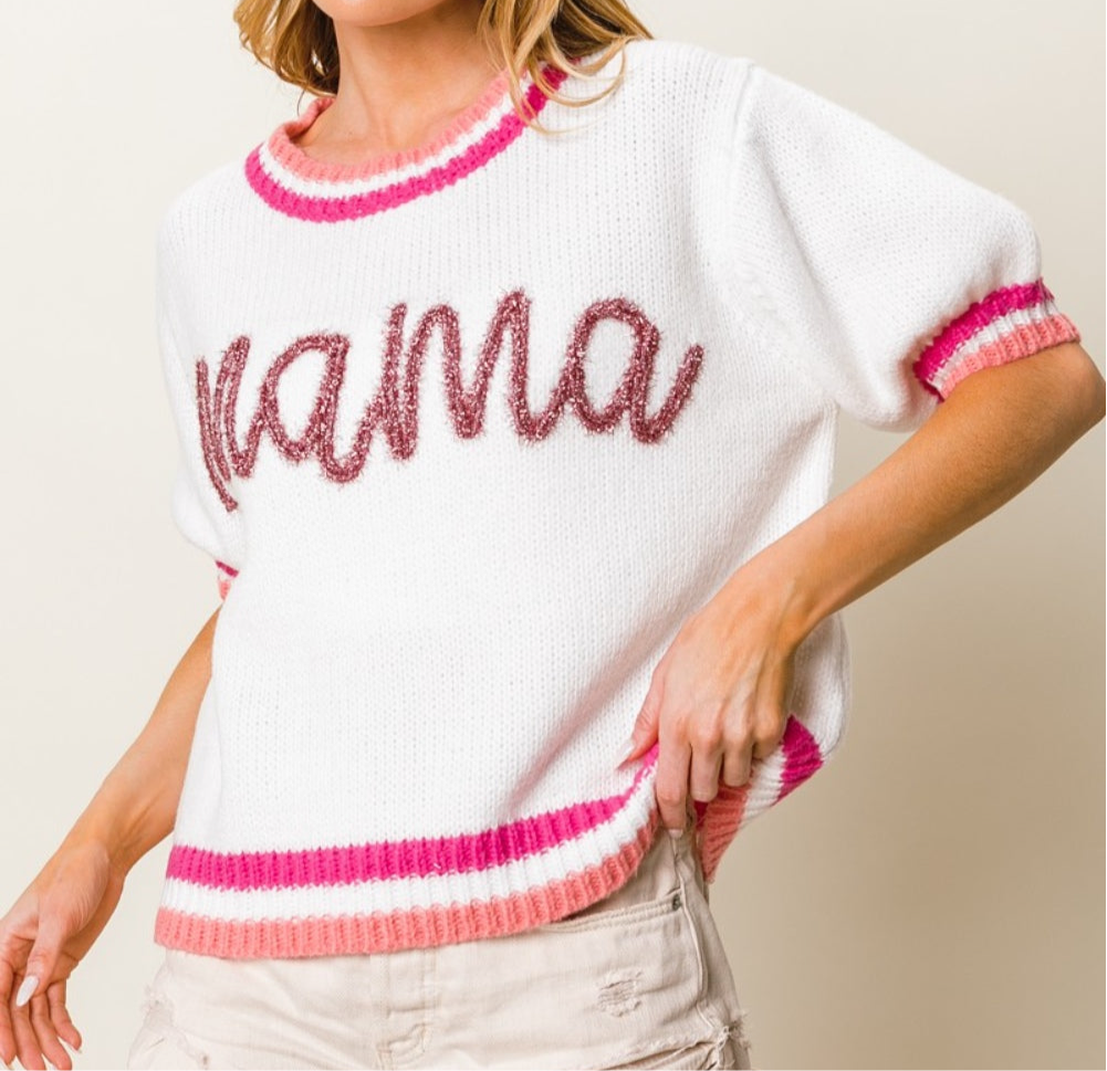 MAMA Contrast Trim Short Sleeve Sweater