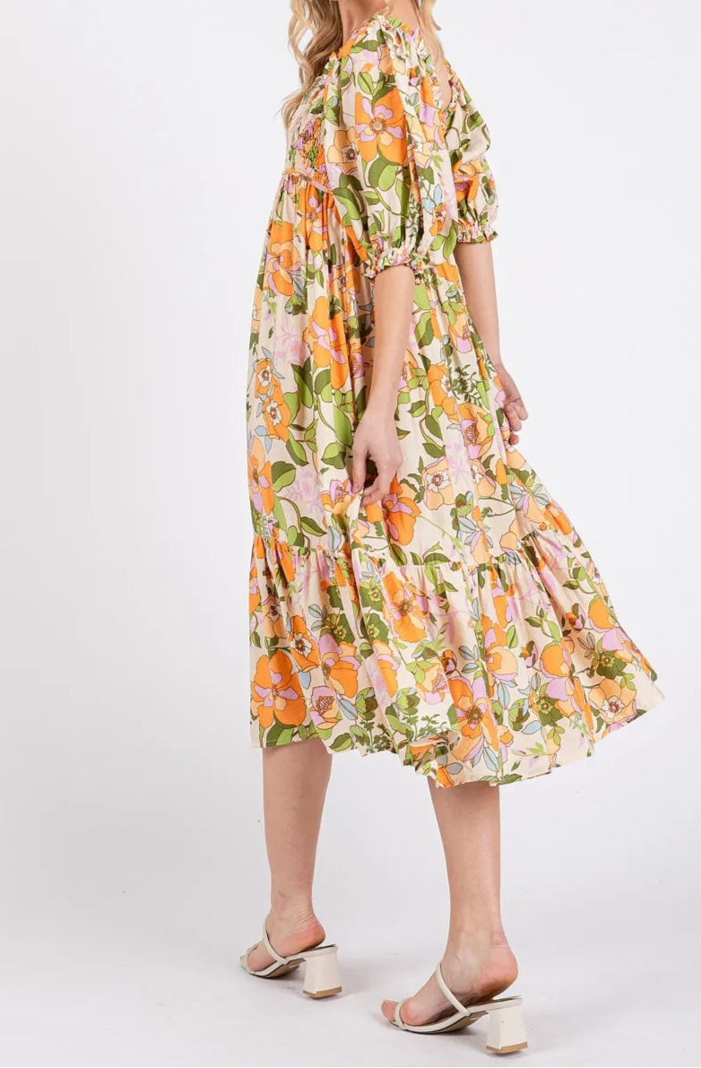 Edna Flower Print Puff Sleeve Ruffle Smocked Midi Dress