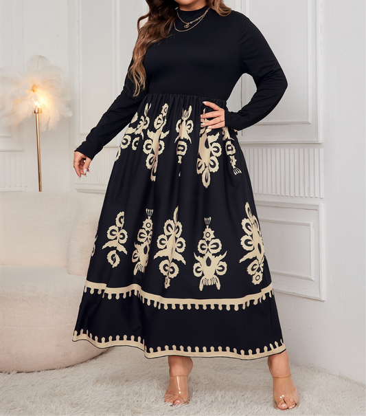 Curvy Sized Printed Long Sleeve Dress