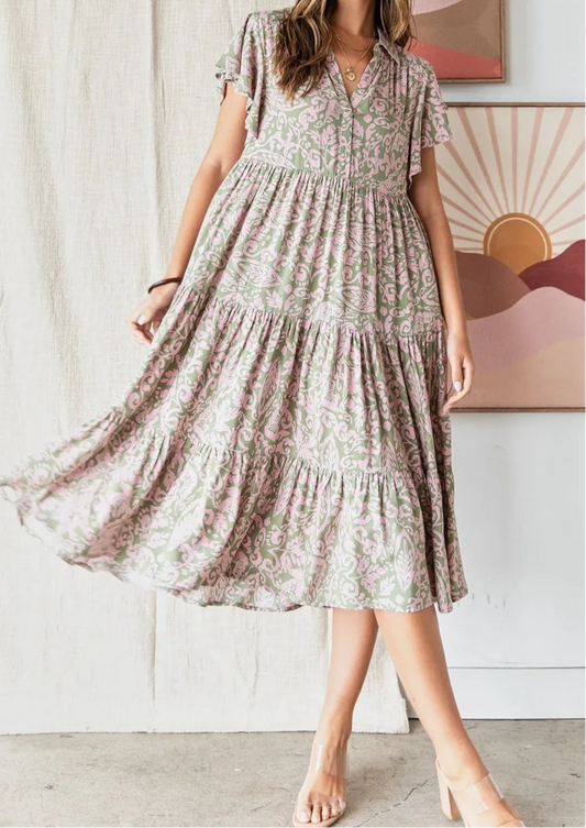 Wilma Abstract Print Ruffle Tier Midi Dress