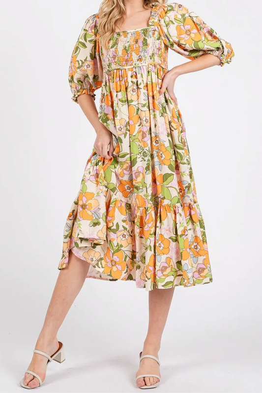 Edna Flower Print Puff Sleeve Ruffle Smocked Midi Dress