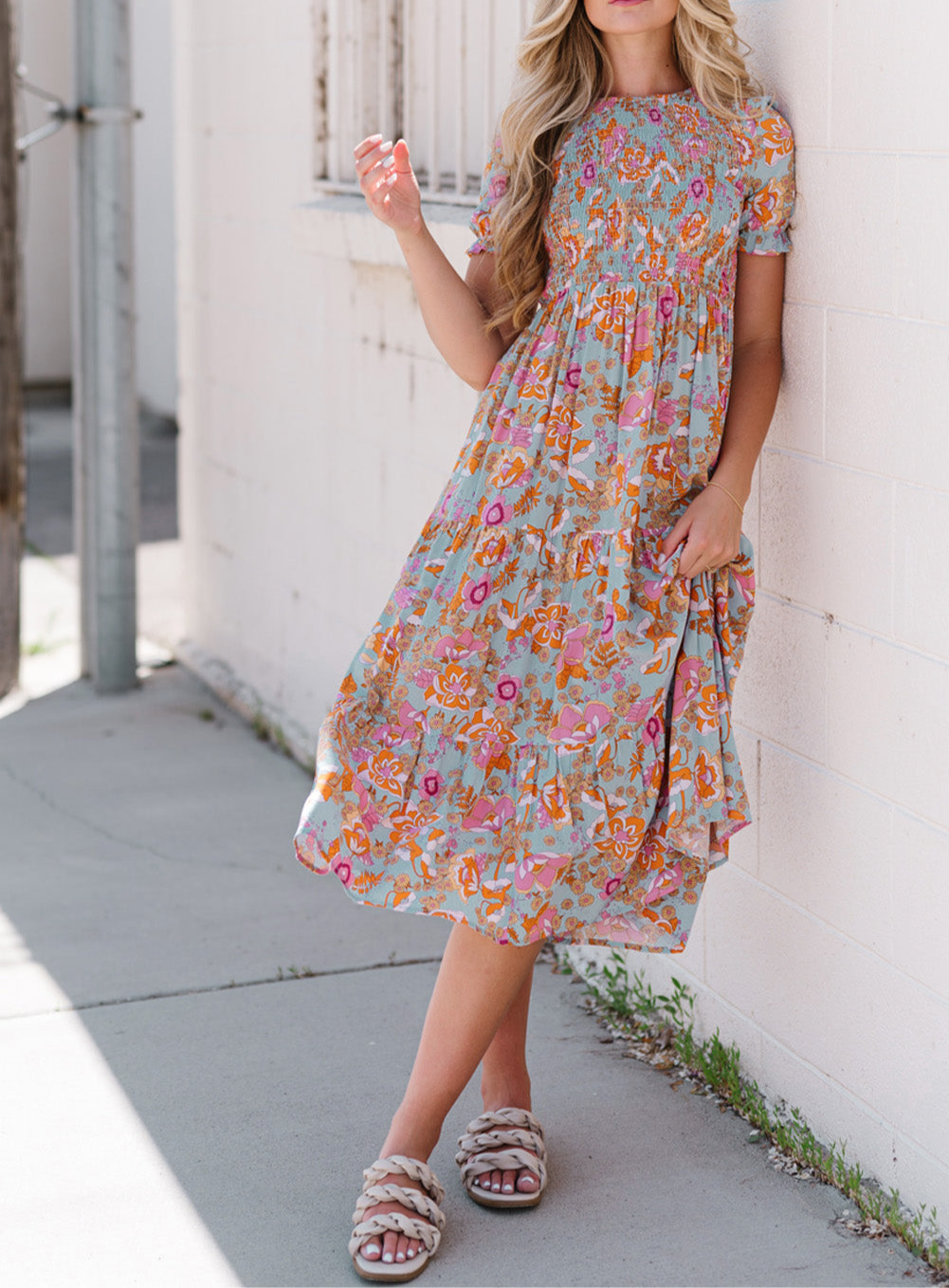 Floral Flounce Sleeve Midi Dress