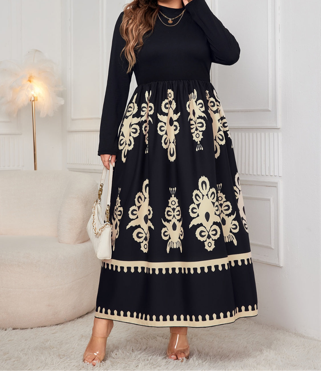 Curvy Sized Printed Long Sleeve Dress