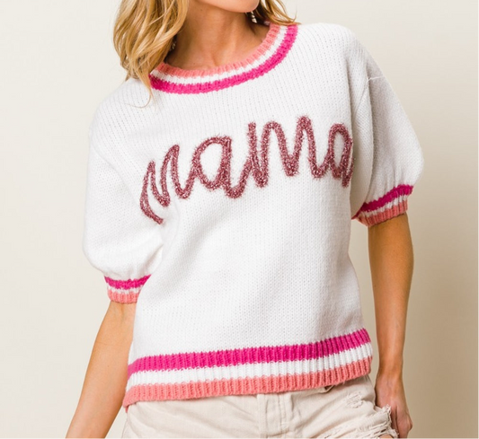 MAMA Contrast Trim Short Sleeve Sweater