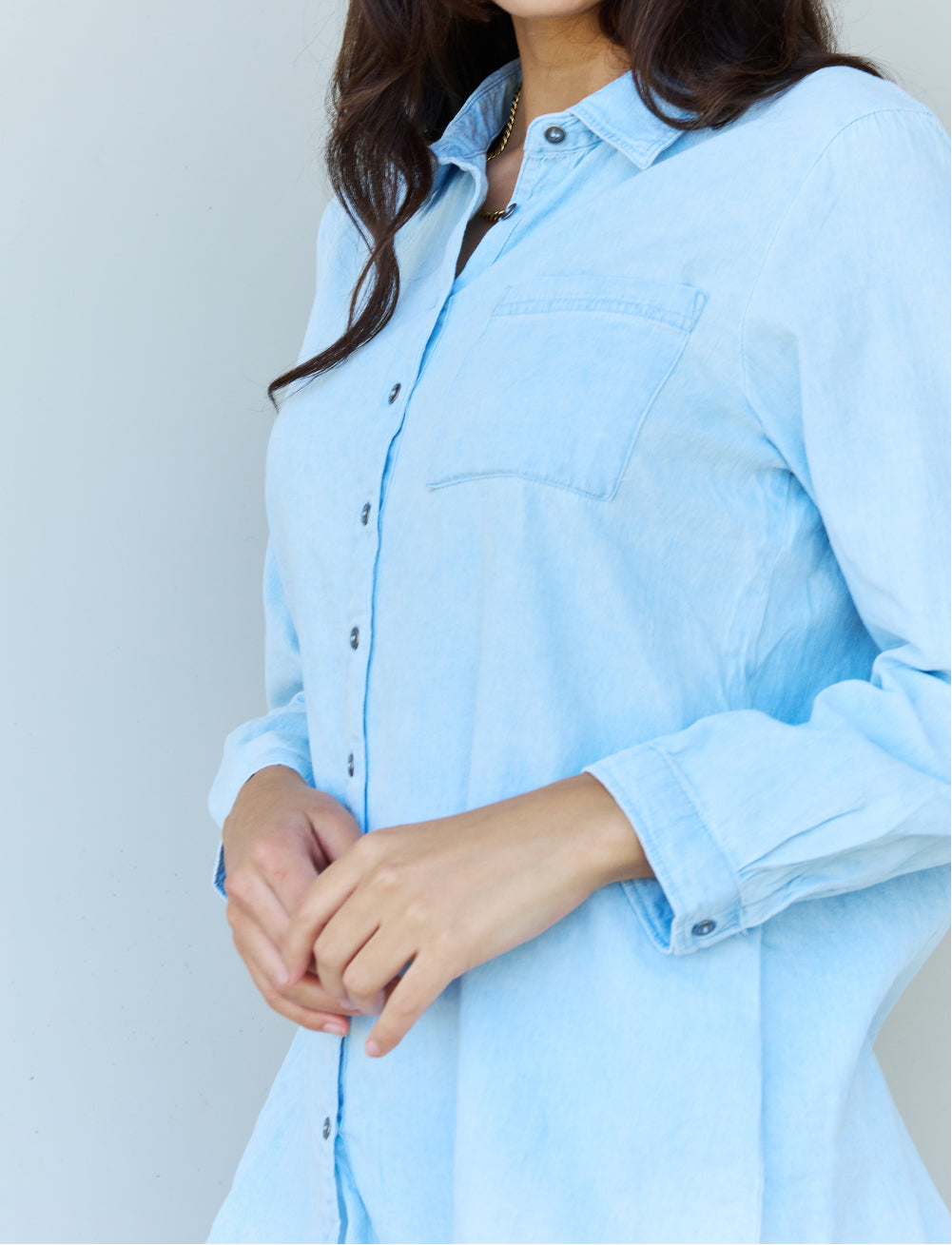 Blue Jean Baby Denim Button Down Shirt Top in Light Blue