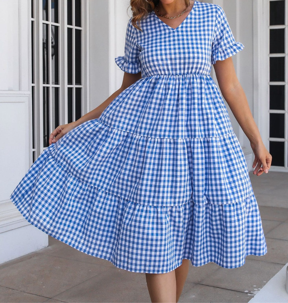 Elizabeth Plaid V-Neck Short Sleeve Midi Dress