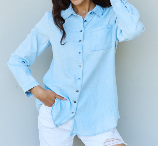 Blue Jean Baby Denim Button Down Shirt Top in Light Blue