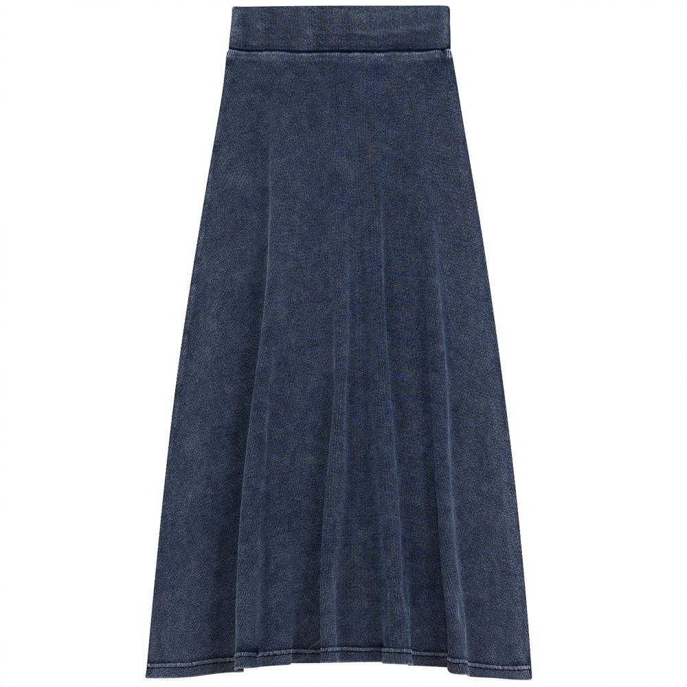 Violet Soft Rib Denim Wash Long Flare Skirt