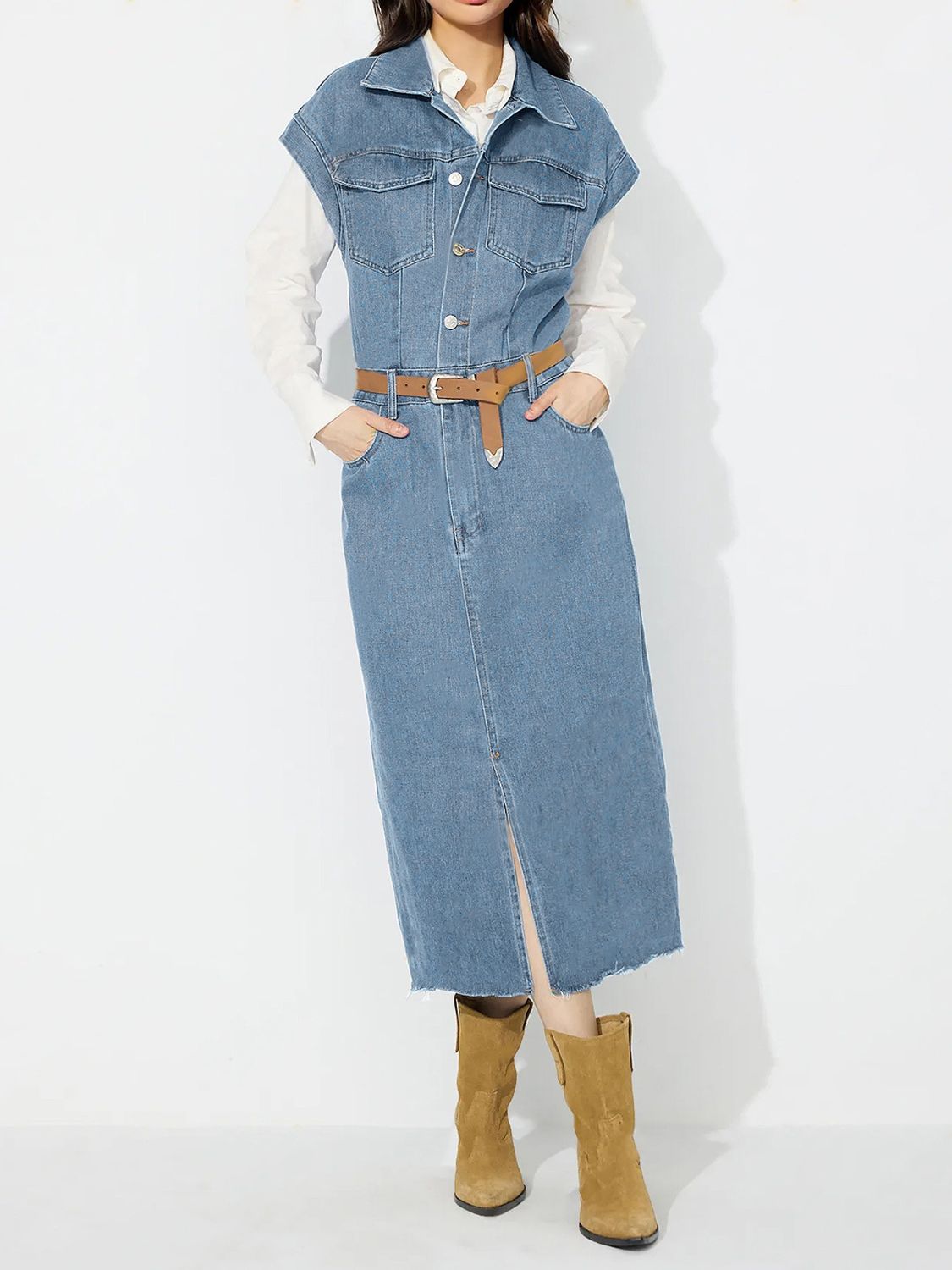 denim buttoned dress Darla Denim Button Down Midi Dress – Modest Heart